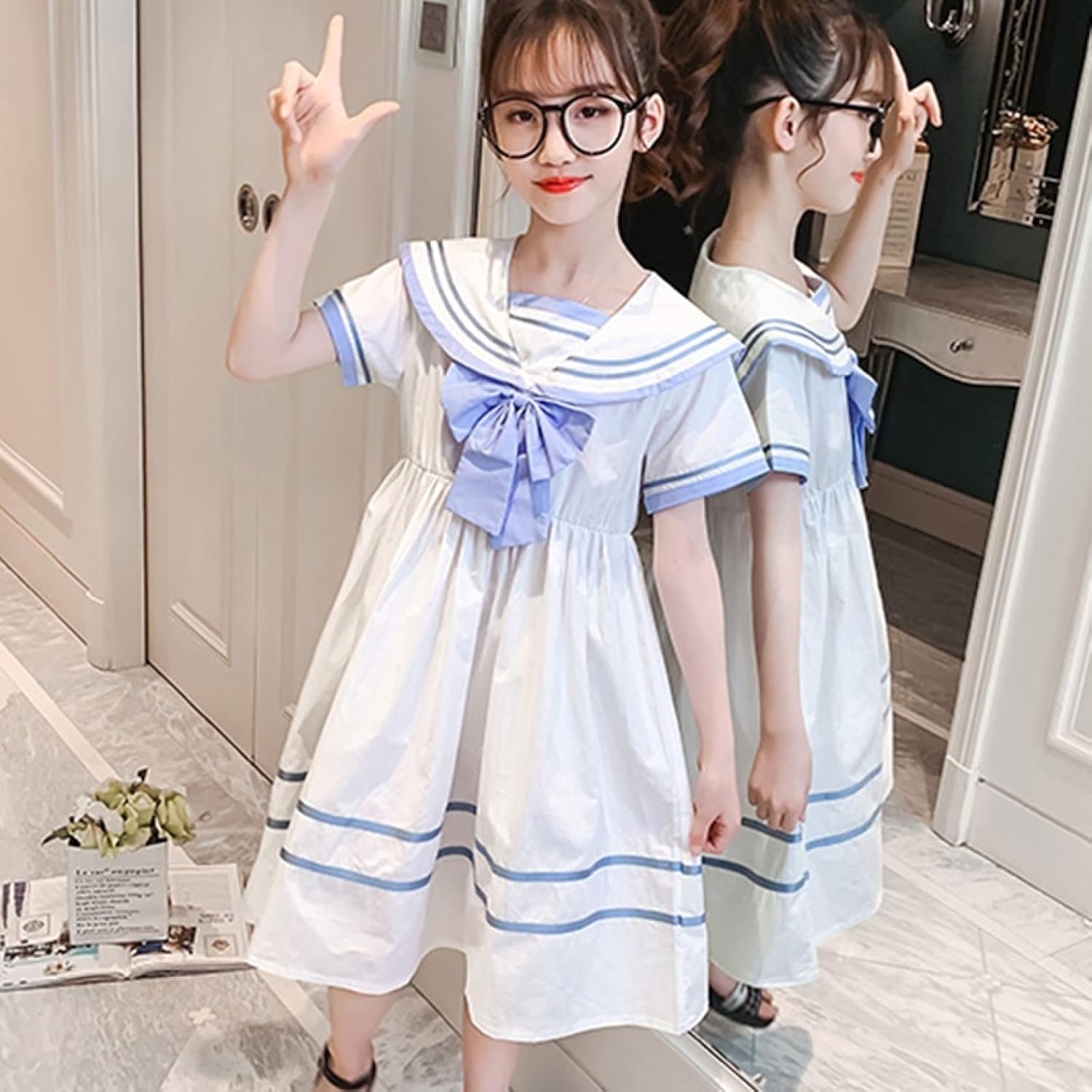 [KAPE1] ドレス 学院風 女の子 キッズ ワンピース 子供服 ガールズ ホワイト セーラーワンピース 半袖 夏 プリンセスドレ