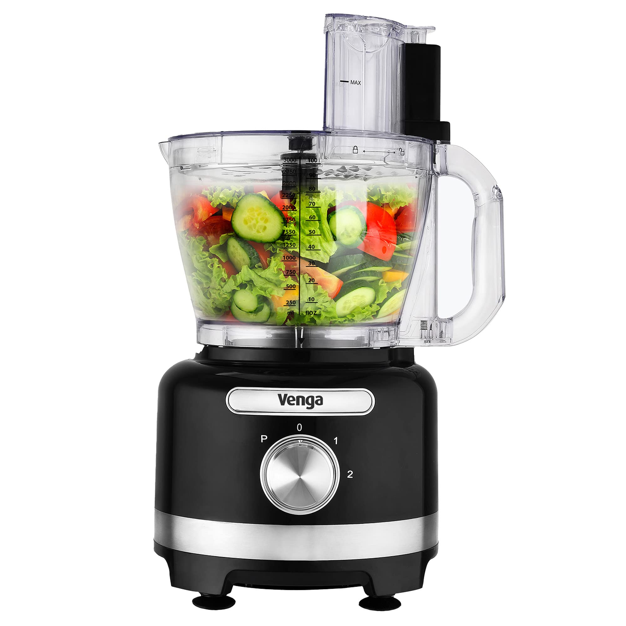 Venga! Procesador de Alimentos 8 en 1, Bol de 3 L, Batidora de 1,75 L, 2 Velocidades, Ajuste de Pulsos, 1000 W, Negro/Plateado, VG HA 3001