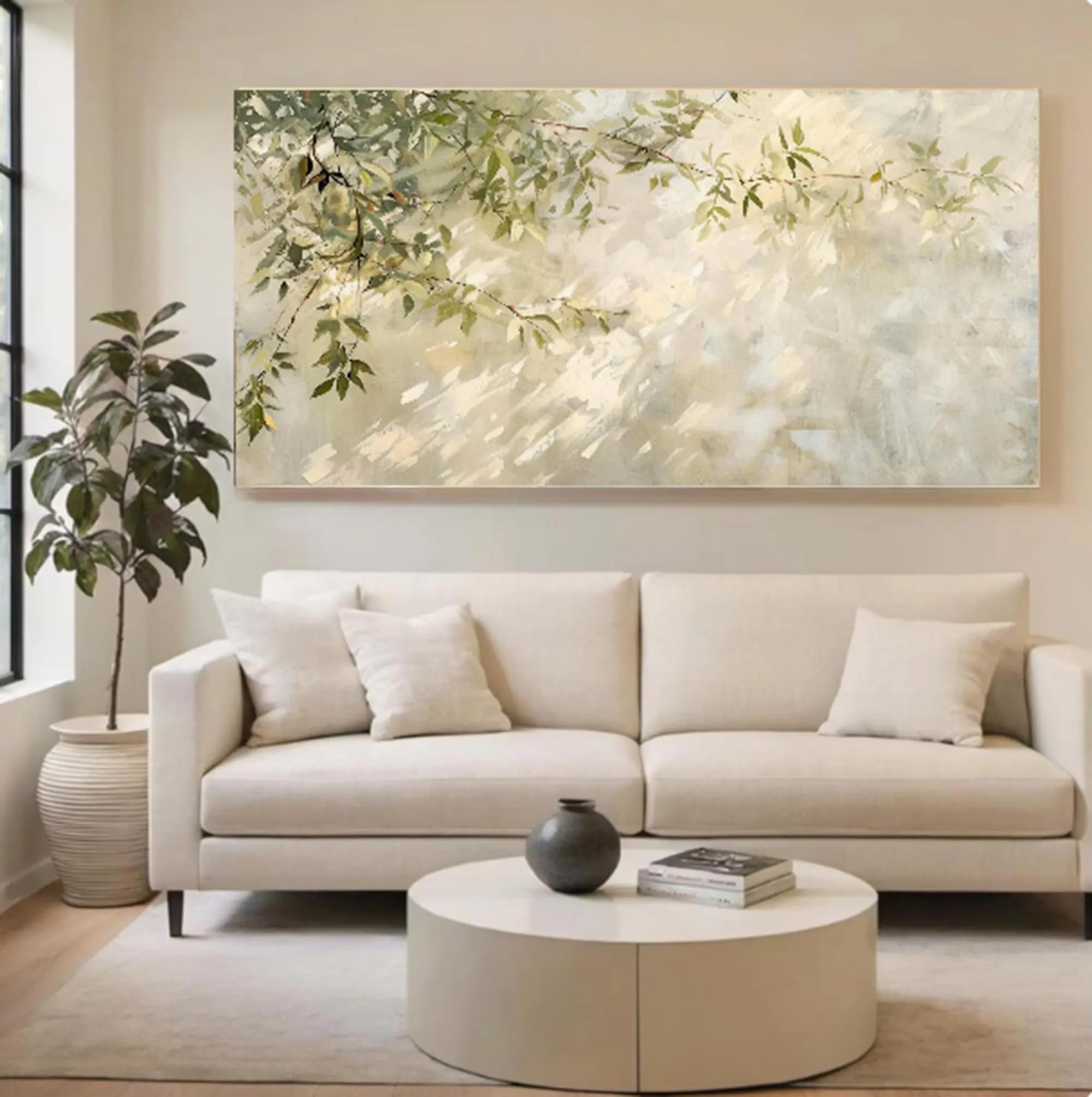 Pintura al óleo abstracta de hojas verdes, impresión en lienzo, cuadro mural en lienzo, decoración del hogar (80x120cm/Con marco)