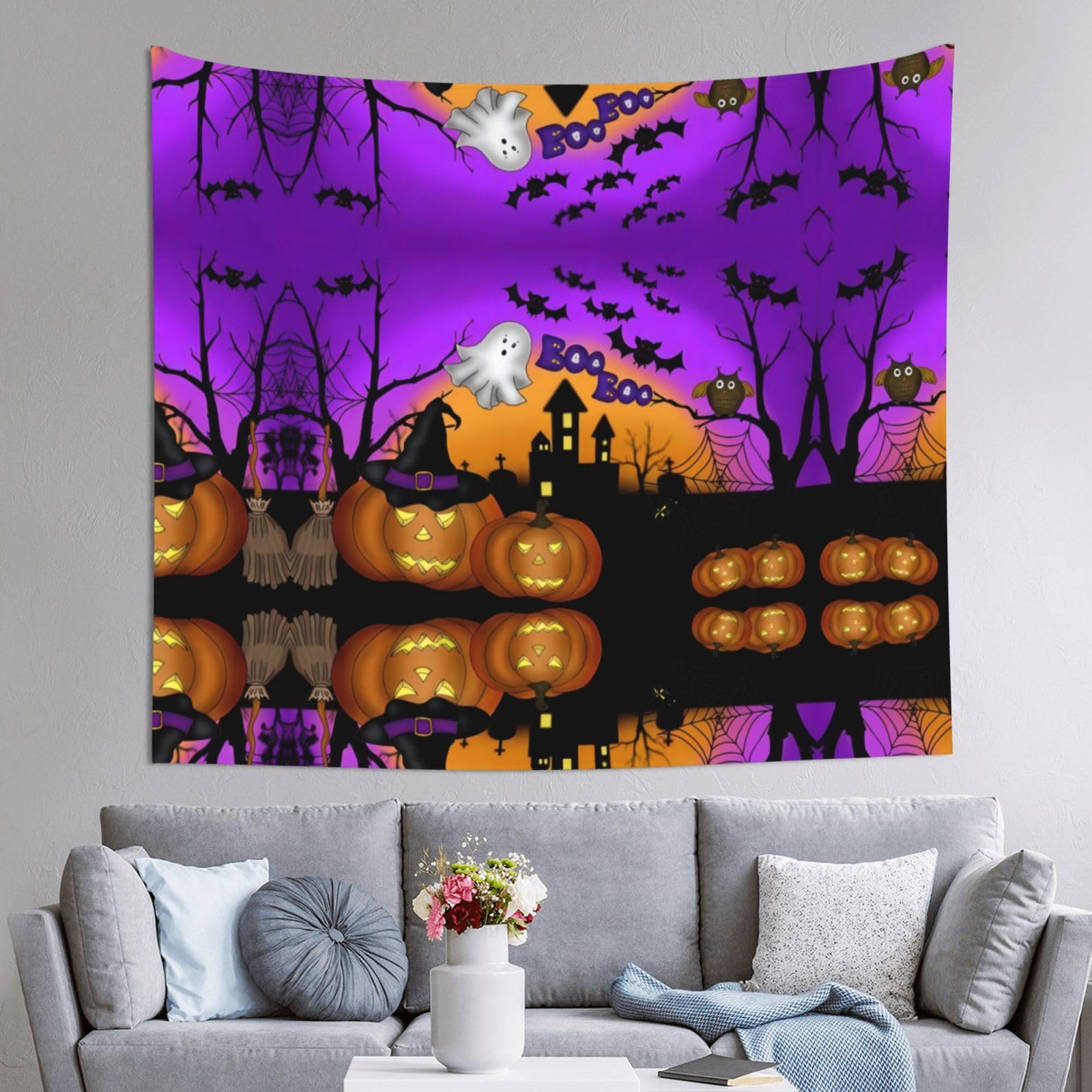 HLSBSSL 60x51in Halloween Owl Ghost Pumpkin Printed Tapestry Tablecloth for Dormitory and Picnic Rooms - Multifunctional Fabric Hanging