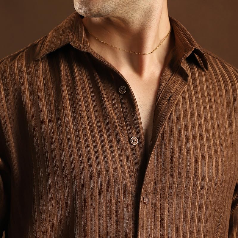 Image of CAHOOT Men Chocolate Brown Ripple Trough Shirt for Casual Wear Mid Rise Regular Fit Button Closure Crafted with Comfort Everyday