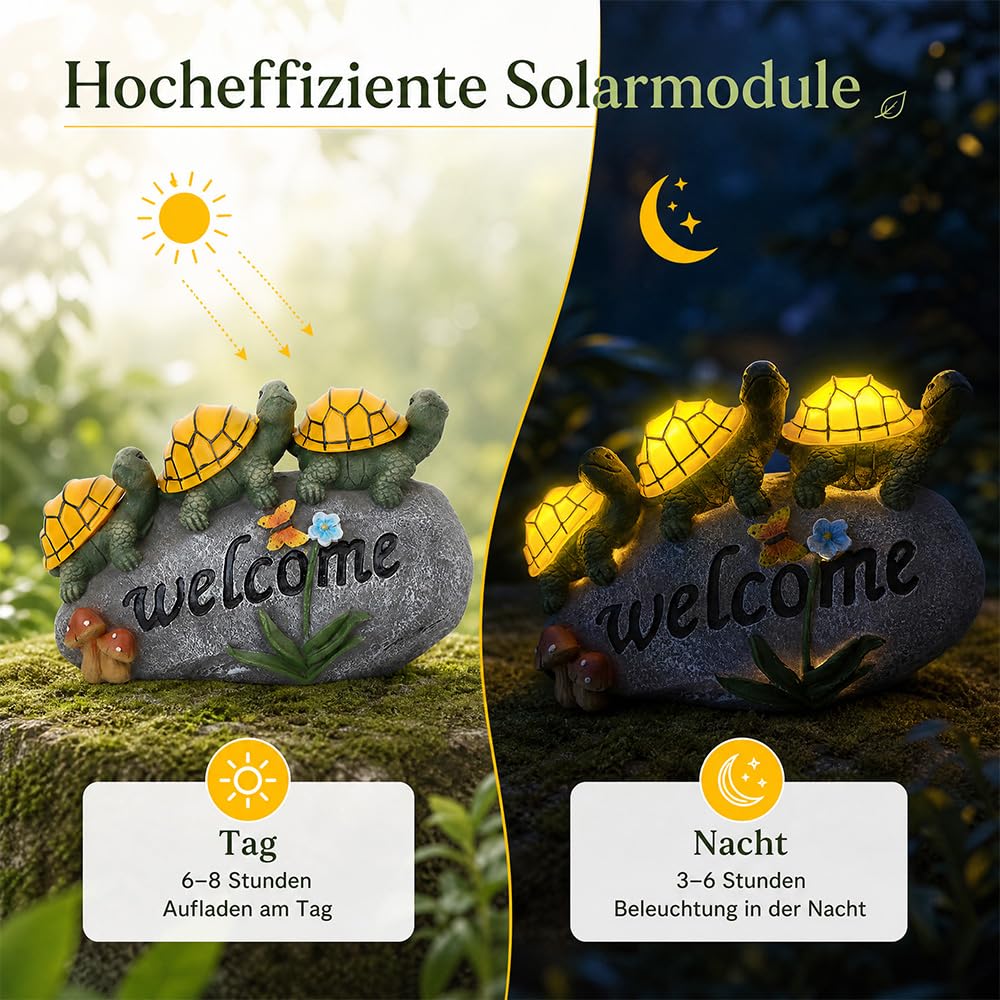 Shildkröte Deko Solar, Solar Gartenfigur Schildkröte, Gartenfiguren für Draußen Wetterfest mit 3 LED Lichtern für Mama/Frauen, Balkon Teich Terrasse Deko