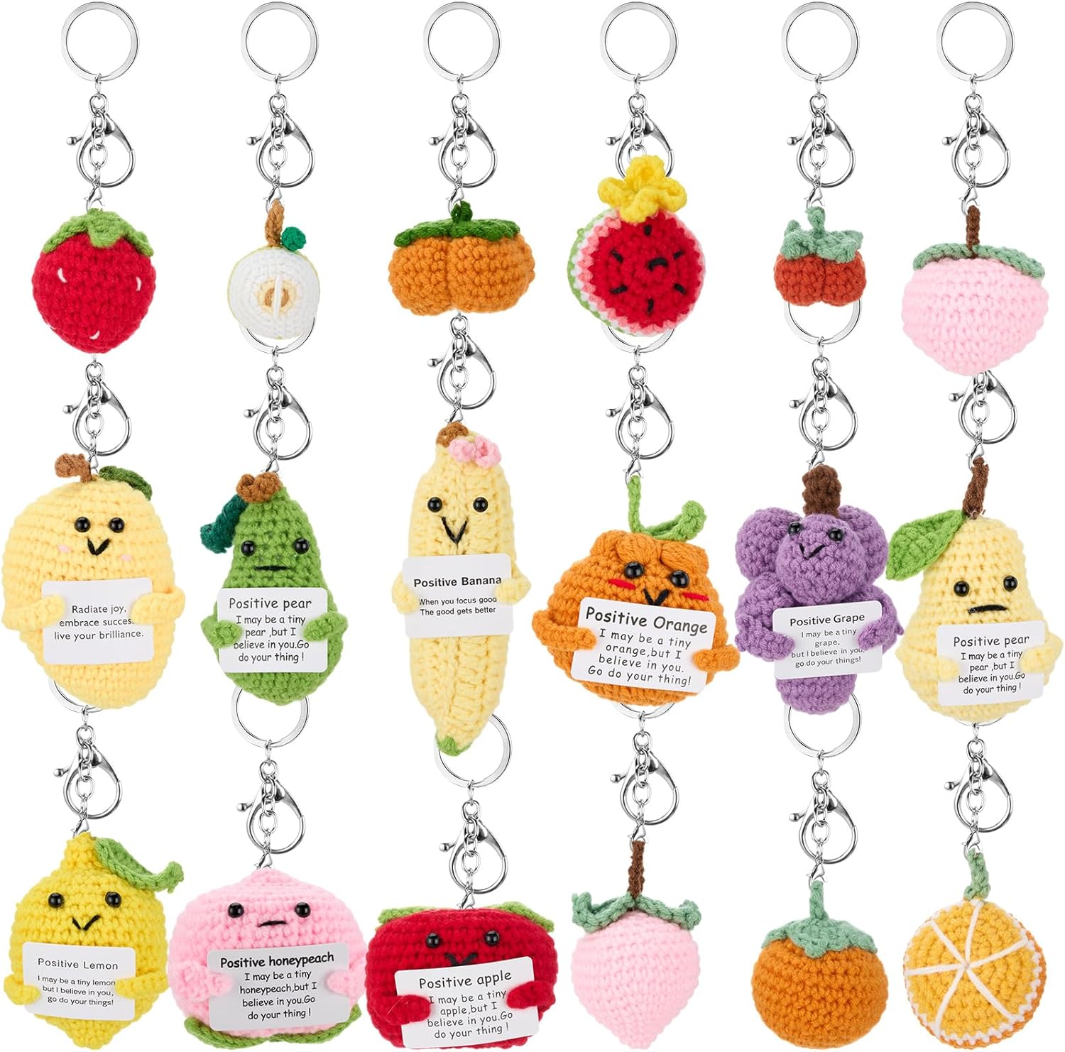 Tondiamo 18 Pcs Thanksgiving Crochet Dolls Bulks with Keychain and Encouraging Card Fruits Vegetables Emotional Dolls Encouragement Positive Knitted Crochet Gifts for Festival Party(Fresh Style)