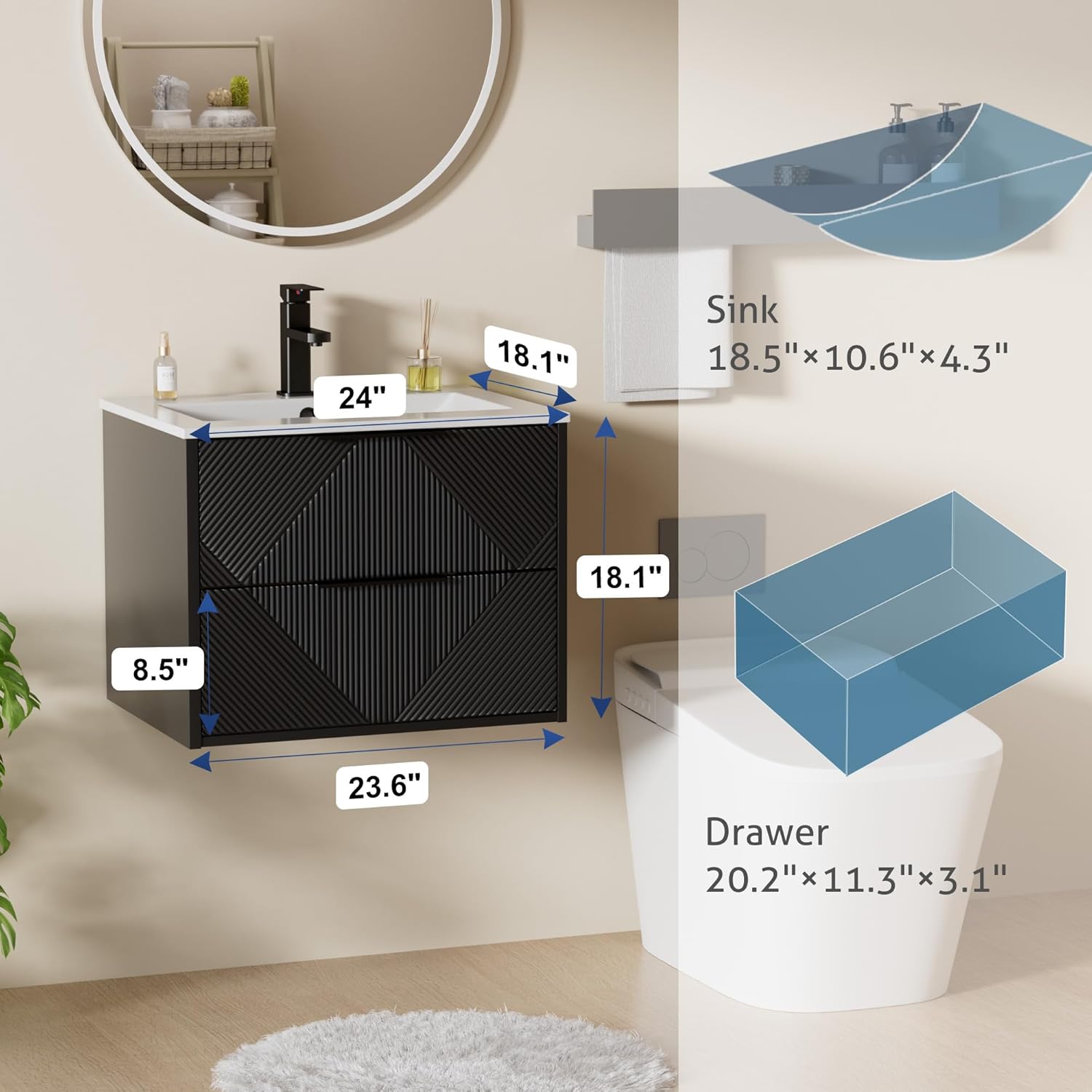 LUCKWIND 24" Floating Bathroom Vanity with Sink Combo, Wall Mounted Floating Cabinet with 2 Large Soft-Close Drawers & Water Saving Faucet, Geometric Textured Design in Black