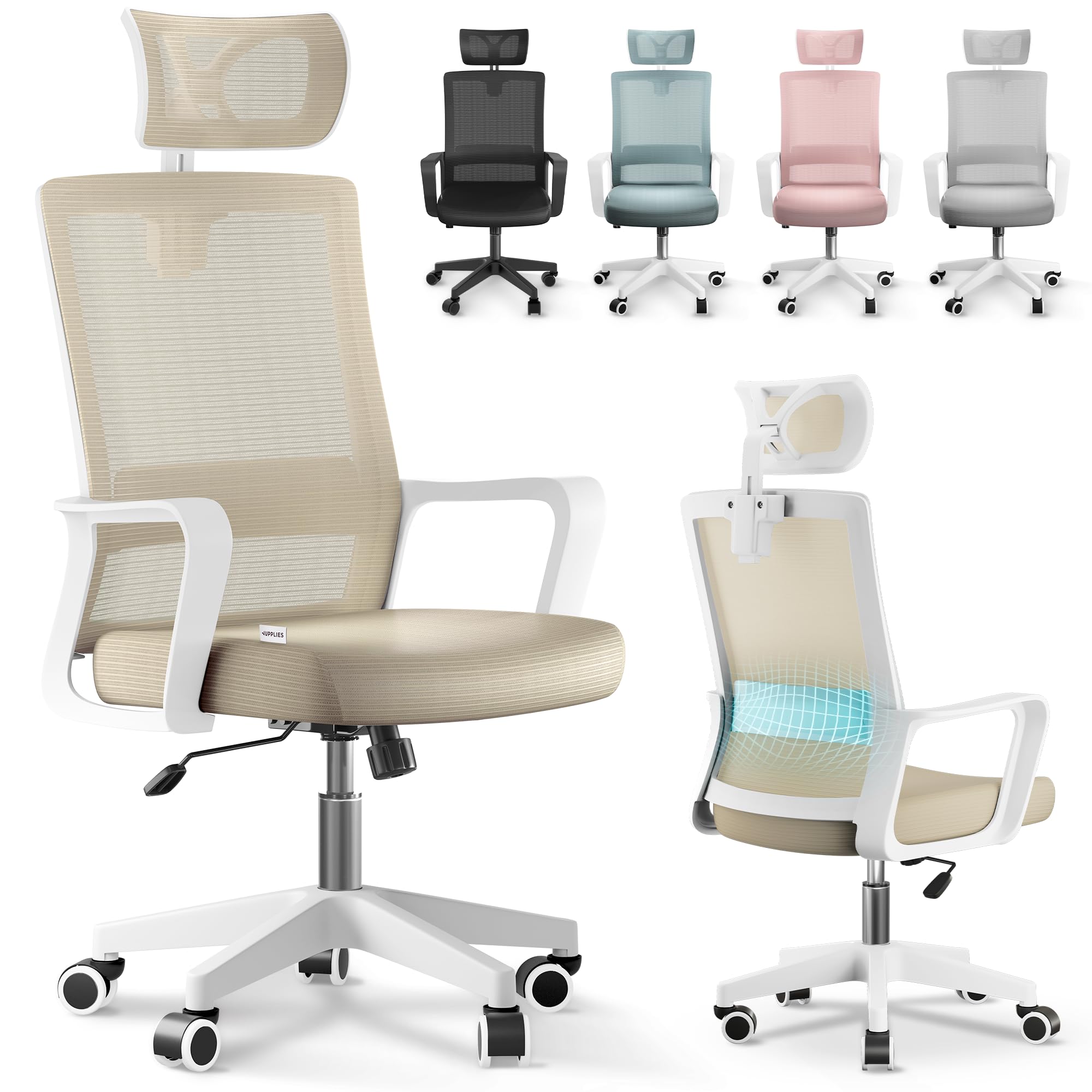 JUPPLIES Silla Escritorio Ergonomica - Silla Oficina Ajustable y Reclinable con Soporte Lumbar, Reposacabezas Ajustable, Malla Transpirable, Ruedas Giratorias 360° Soporta hasta 120kg (Beige)