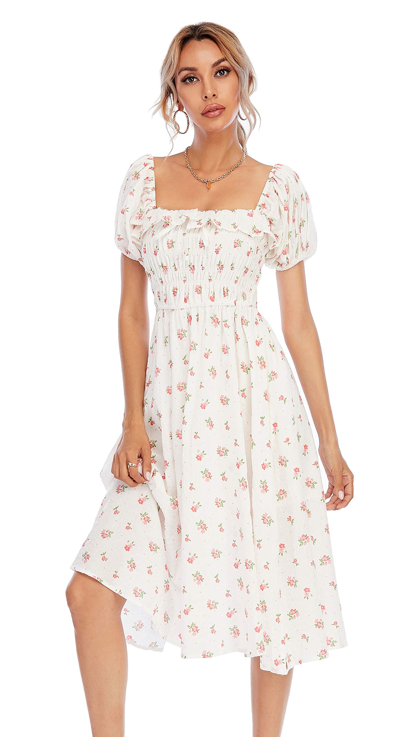 R.Vivimos Damen Casual A-Line Print Vierkant Puff Ärmel Kleid Saum Hohe Taille Midi Fitted Kleid Berufskleid