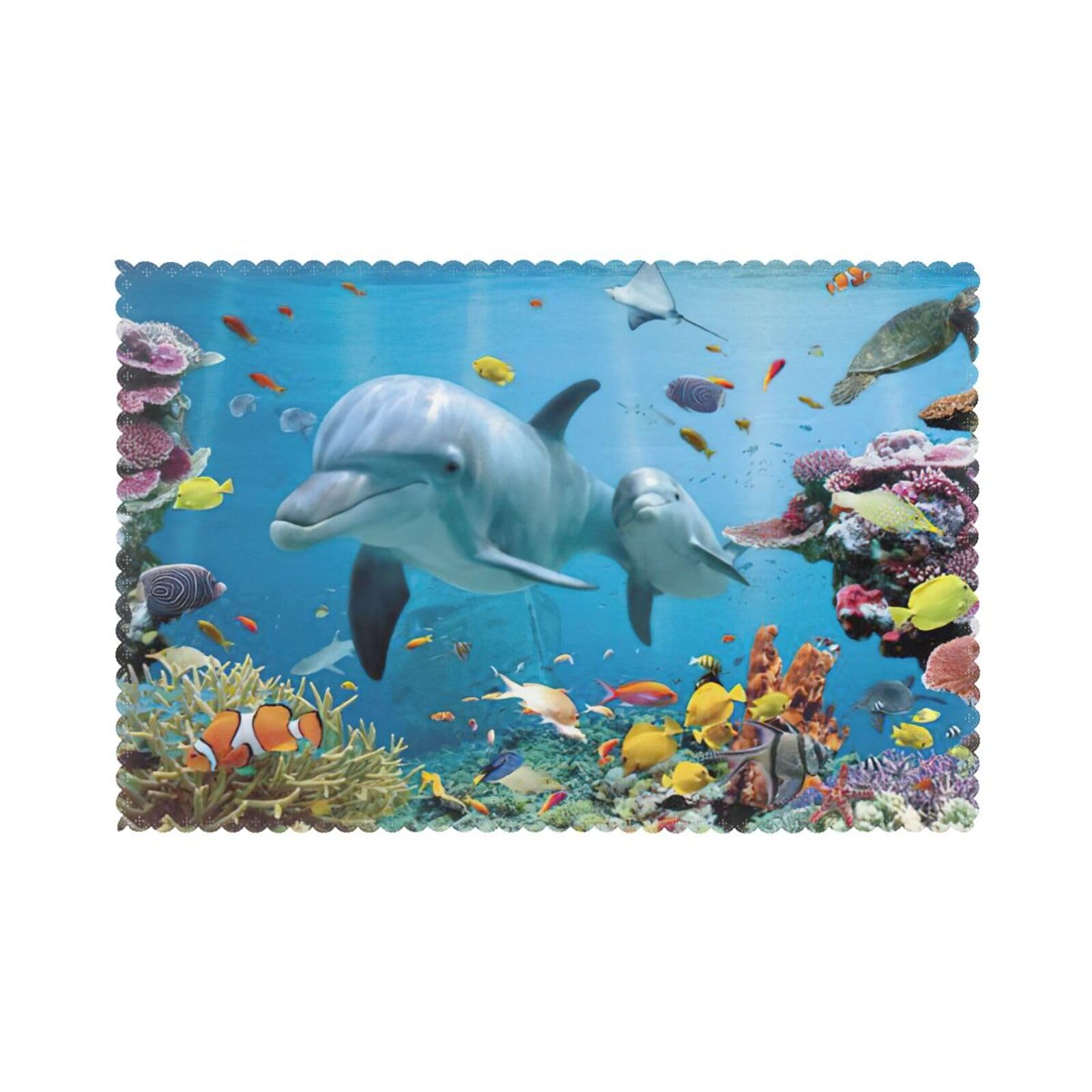 Ocean Dolphin Looking At You Print Placemats Set Of 6, 12x18 Inch Polyester Washable Heat Resistant Kitchen Dining Table Mats