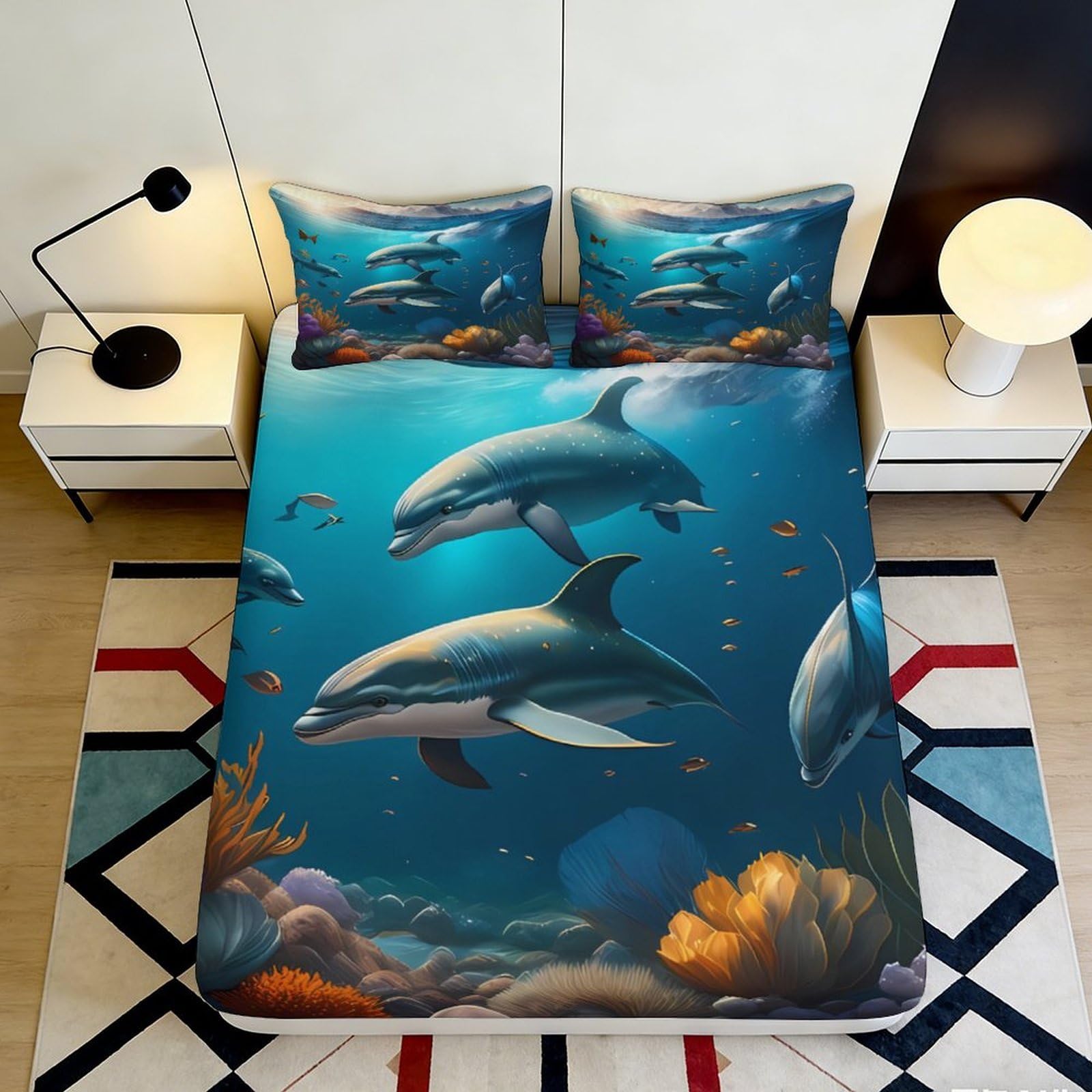 3D Printed Ocean Dolphin Fitted Sheet Microfiber Soft Breathable Underwater Coral Mattress Cover for Bedroom Dorm Decor, 120x200cm 140x200x25cm