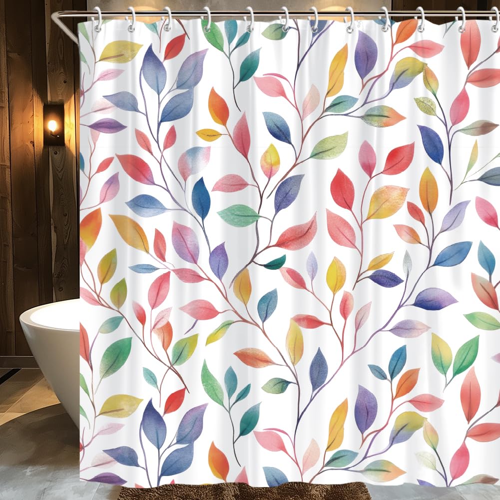 Rideau de douche polyester imperméable 183x183 motif feuilles colorées décoration salle de bain chic