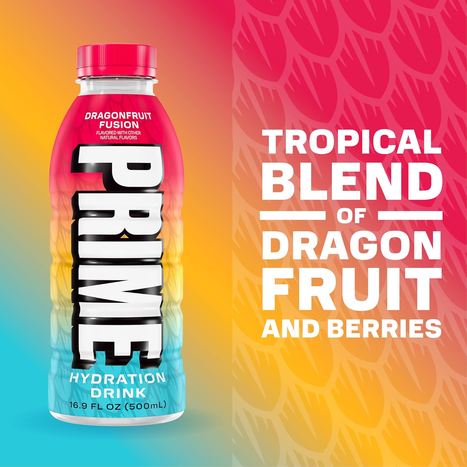 PRIME Hydration DRAGONFRUIT FUSION, Sports Drink with Coconut Water, Electrolyte Enhanced to Replenish Fluids, Zero Added Sugar, B Vitamins, Antioxidants, Made with Natural Flavors, 16.9 Fl Oz 12 Pack