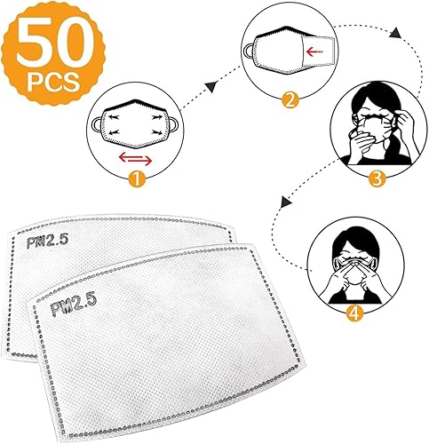 Paquete de 50 filtros de carbón activado PM 2.5 de alta calidad, 5 capas protectoras filtro reemplazable anti neblina para máscara