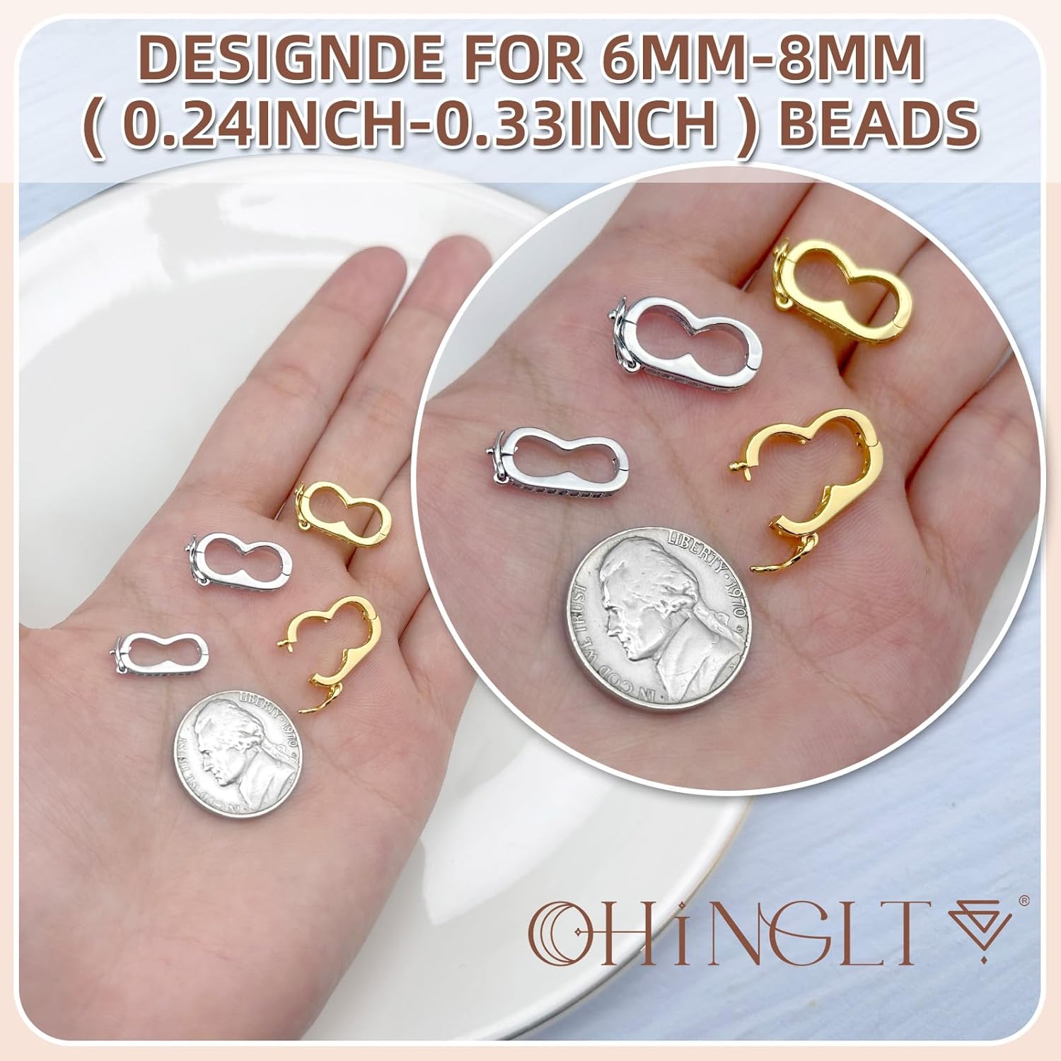 OHINGLT Necklace Shortener Clasp,Pearl Enhancer Push Clasp with Secure Lock,Pearl Necklace Shortener with Cubic Zirconia Diamond for 6-8MM Beaded - Image 3