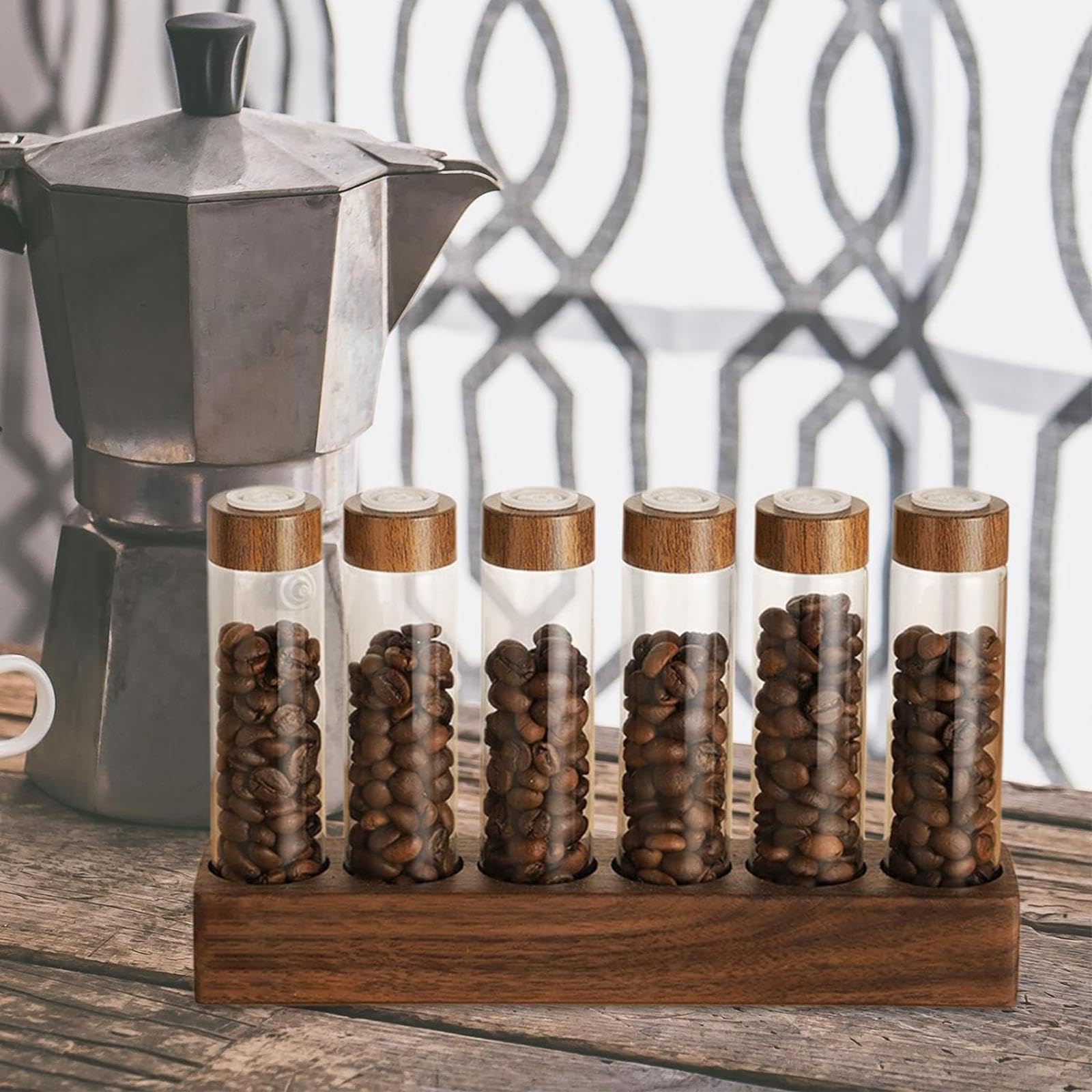 Kaffeebehälter mit Ablage, Transparente Aufbewahrungsröhrchen für Kaffeebohnen, Tee Und Zuckerdose, Kaffeebohnen Reagenzglas für Die Theke, Café, 6 Loch 17g