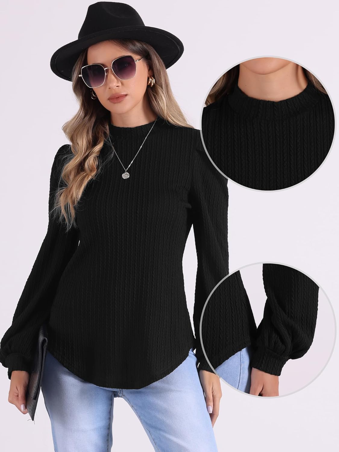 Allegra K Puff Long Sleeve Blouse for Women's Winter Pullover Mock Neck Dressy Casual Tops Work Shirt - Image 2