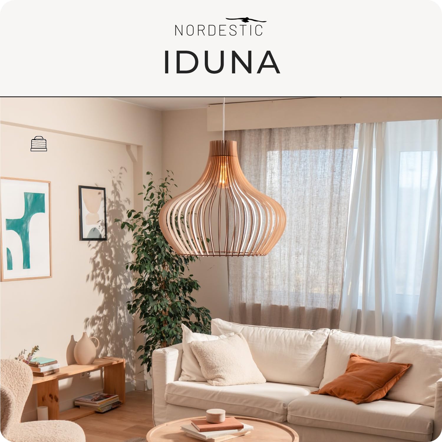 Pendelleuchte Holz „Iduna“, skandinavische Hängelampe Esstisch + Wohnzimmer, Boho Hängeleuchte höhenverstellbar + dimmbar mit E27 Fassung (HxD 50x55 cm, Iduna)