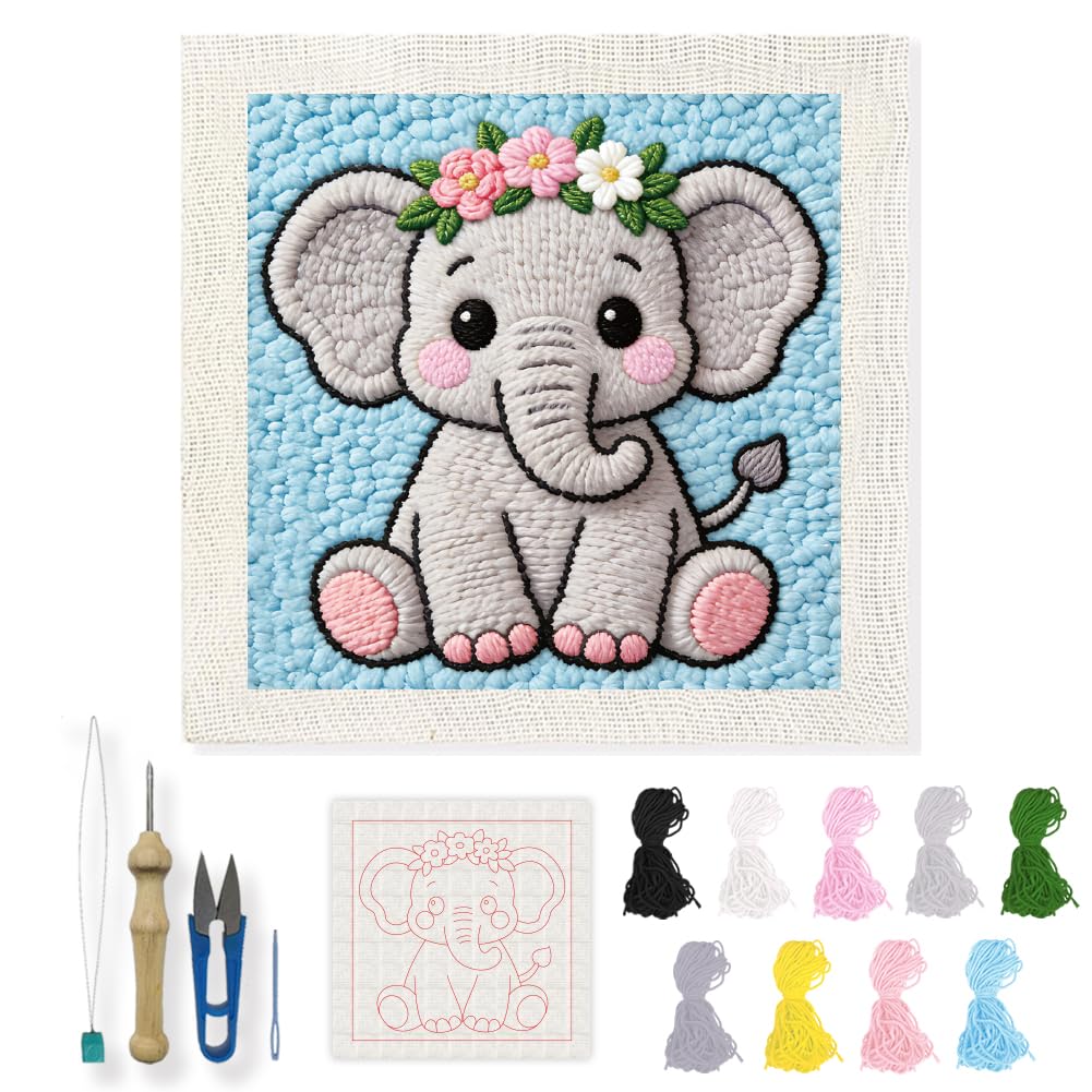 INFUNLY Elephant Punch Needle Embroidery Kit DIY Punch Embroidery Kit for Adults 24×24cm Flowers Needlepoint Starter Set Animal Needles Stitching Kits with Instruction for DIY Craft Lovers Gift
