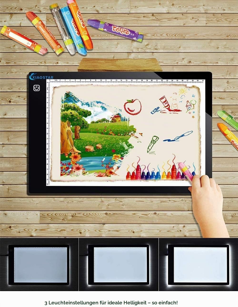 XIAOSTAR A4 Beleuchtetes Tablet Kopiertafel mit LED A4, Super Dünn, für Zeichentafel mit USB-Kabel mit Verstellbarer Helligkeit, für Künstler,Animationzeichnen,Skizzieren,Visualisierung mit X-Speichen