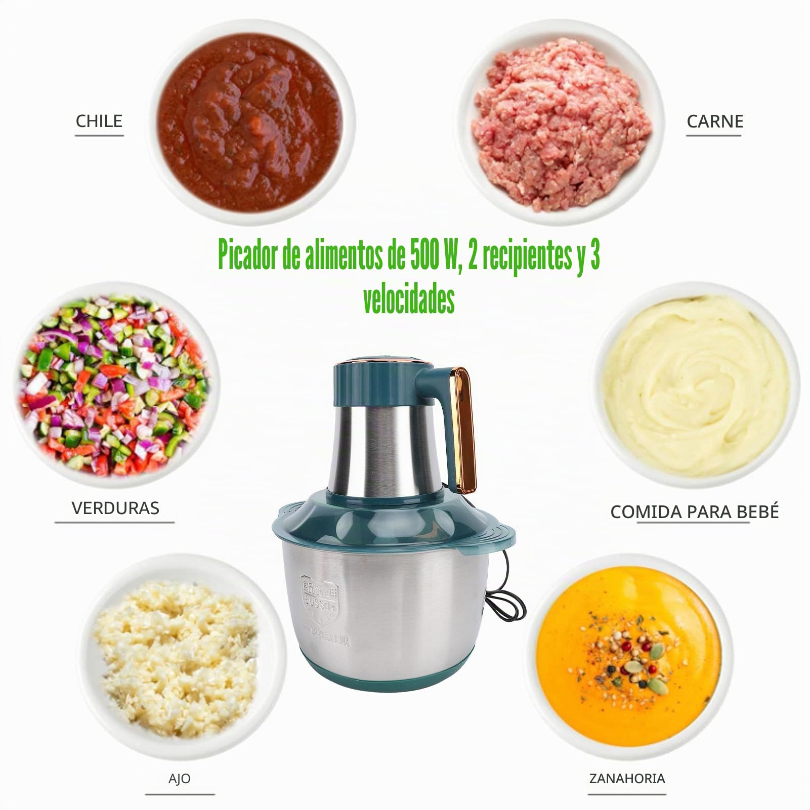 Procesador Eléctrico de Alimentos, Picadora Eléctrica de Alimentos Multifuncional de Acero Inoxidable 500W 5L para Verduras Frutas y Frutos Secos, Picadora de carne para (Enchufe