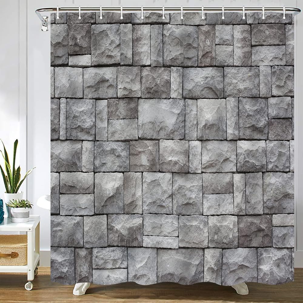 GardEssere Grey City Wall Shower Curtain with 12 Hooks Rock Stone Wall Old Brick Architect Shower Curtains for Bathroom Decor Waterproof Bath Curtain Set 183X183 CM