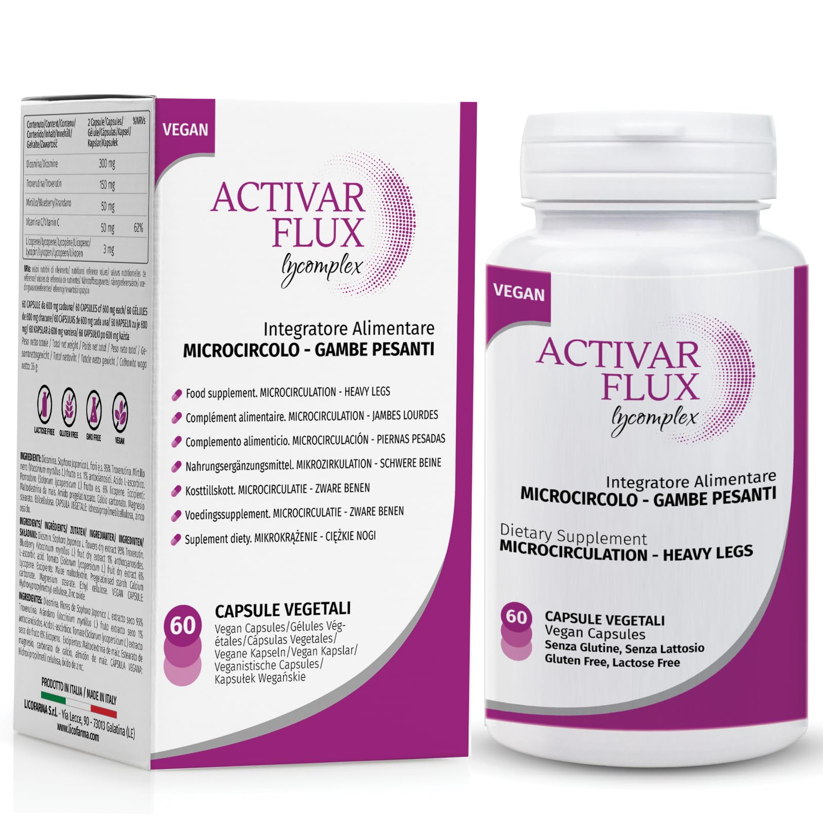 Activar Flux Lycomplex | Integratore con Diosmina, Troxerutina e Mirtillo | Sostiene la Funzionalità del Microcircolo | Per Vene, Capillari Fragili, Gambe Gonfie e Pesanti | 60 Capsule Vegetali