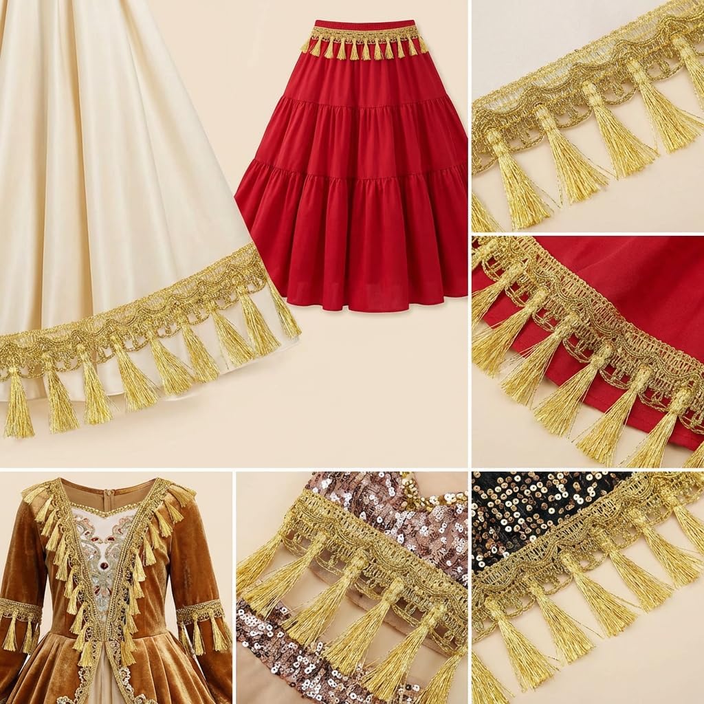 IDONGCAI Gold Fringe Trim Tassel Sewing Trim – 2.2″ Width, 6 Yards Polyester Metallic Tassel Fringe Border for Crafts, Sewing, Home Decor, Curtains & Apparel