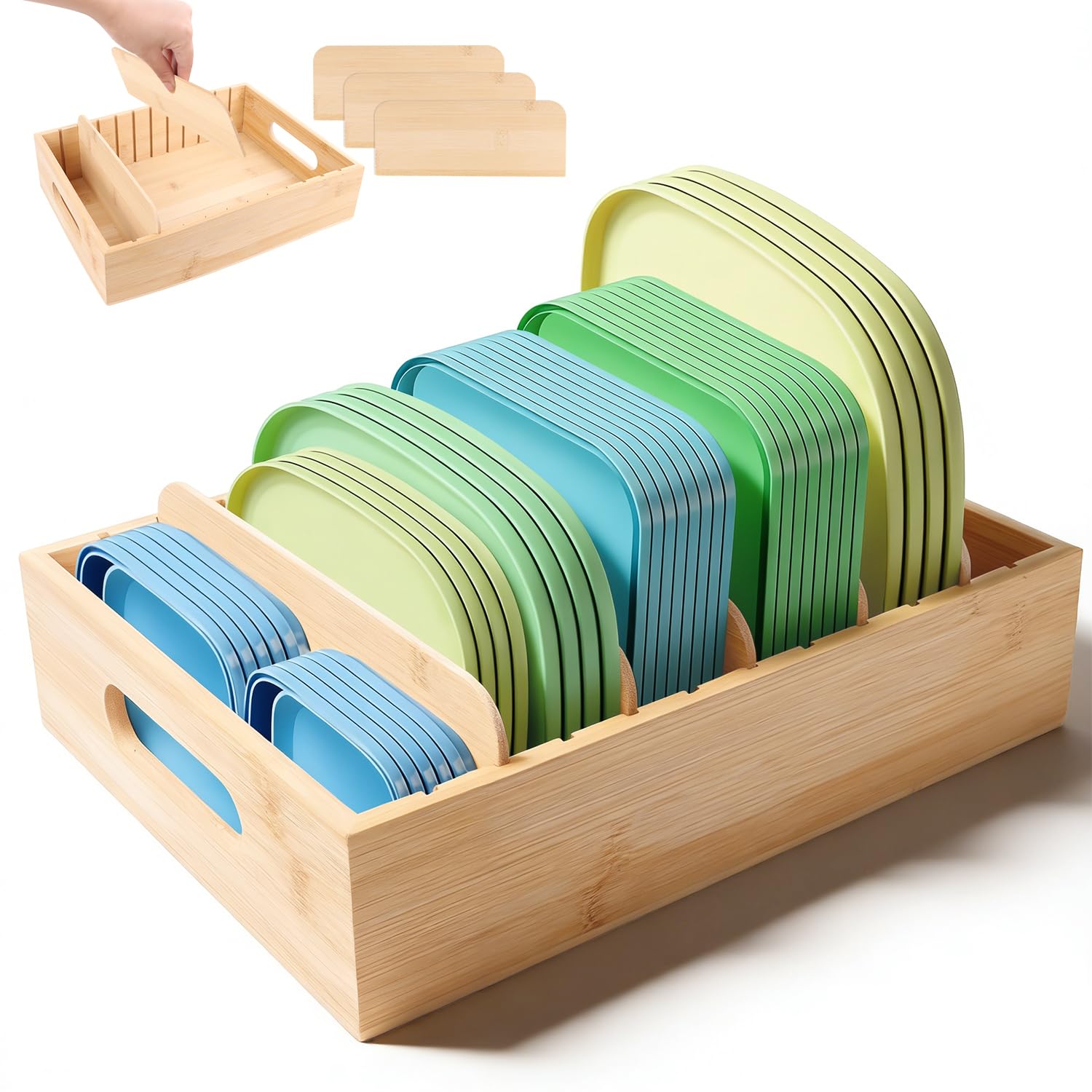 Tellerhalter Ständer Bambus Teller Organizer Schrank Deckel Organizer Küche Topfdeckelhalter Deckelhalter Blechhalter Geschirrständer Aus Bambus Mit 5 TrennwäNde Tellerregal Halter Holz