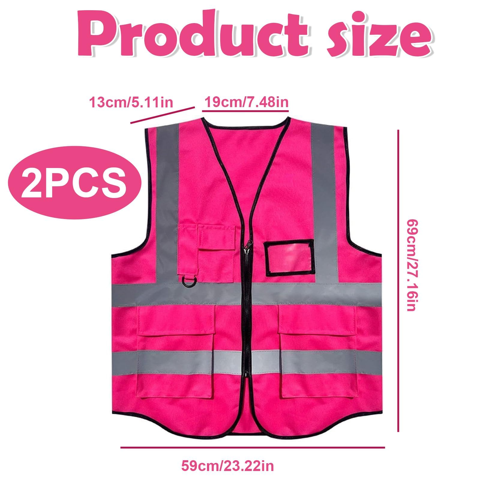 2 Stück Warnweste Pink für Damen Männer, Warnweste Erwachsene Pinke Warnwesten Reflektierende Jacke mit Taschen und Reißverschluss, Rosa Sicherheitsweste für die Sicherheit auf dem Bau