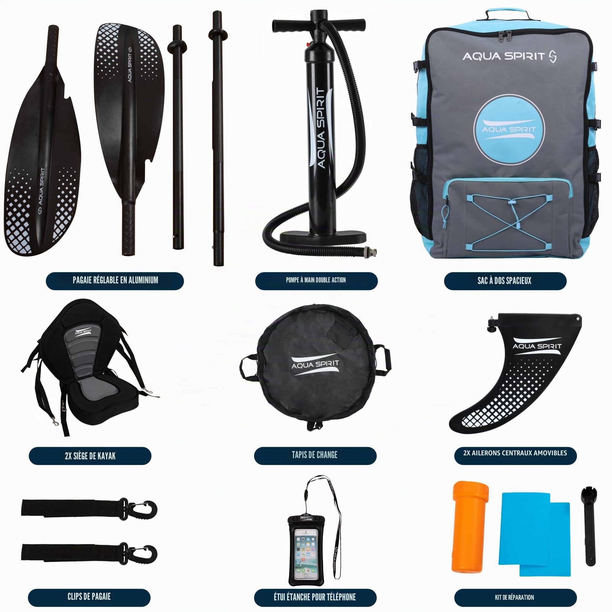 Aqua Spirit Kit de kayak gonflable avec rames en aluminium 2024 pour 1 ordre 2 personnes | 10'5/13'5 | Kit complet de kayak avec pagaie, sac à dos, pompe et autres accessoires