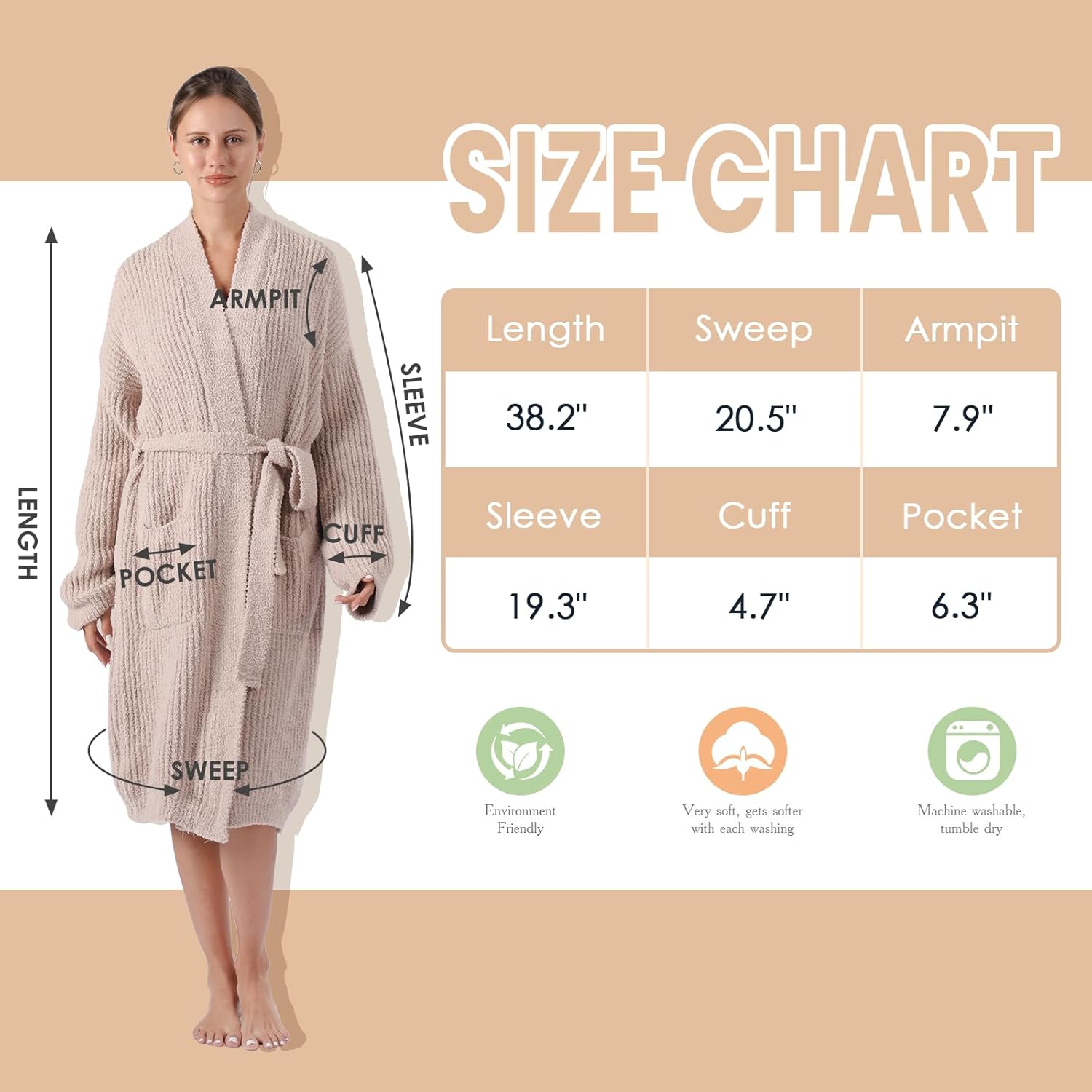 bearberry Cozy Robe Lightweight Soft Plush Robe Vertical Bar Hoodless Sleepwear Nightgown with Pockets for Women - Image 6