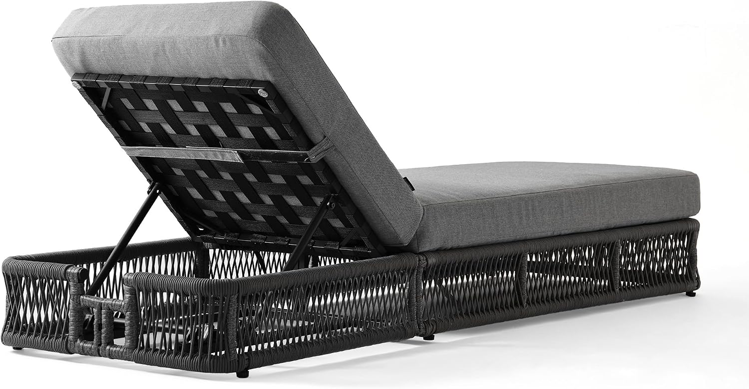 Pia Ricoo Outdoor Chaise Lounge Chair, 5-Position Adjustable Backrest Patio Recliner, Lightweight Woven Rope Sun Lounger with Removable Cushions for Poolside, Backyard, Beach - Gray