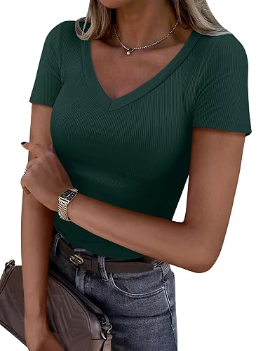 ANRABESS Women Short Sleeve V Neck Ribbed Knit Fitted Shirts Basic Tees Tops 2026 Summer Casual T-Shirts Going Out Outfits - Forest Green - Large