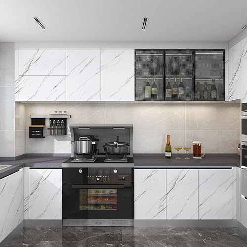 Miniatura 3 de Papel tapiz de mármol brillante para encimeras de 23.6 x 433 pulgadas, papel adhesivo de granito autoadhesivo grisblanco, papel de pared grueso para