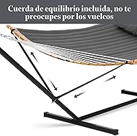 Vista 5 de SUNCREAT Hamaca portátil doble con soporte, hamaca para 2 personas con barra separadora curva, cuerdas de equilibrio incluidas, gris oscuro