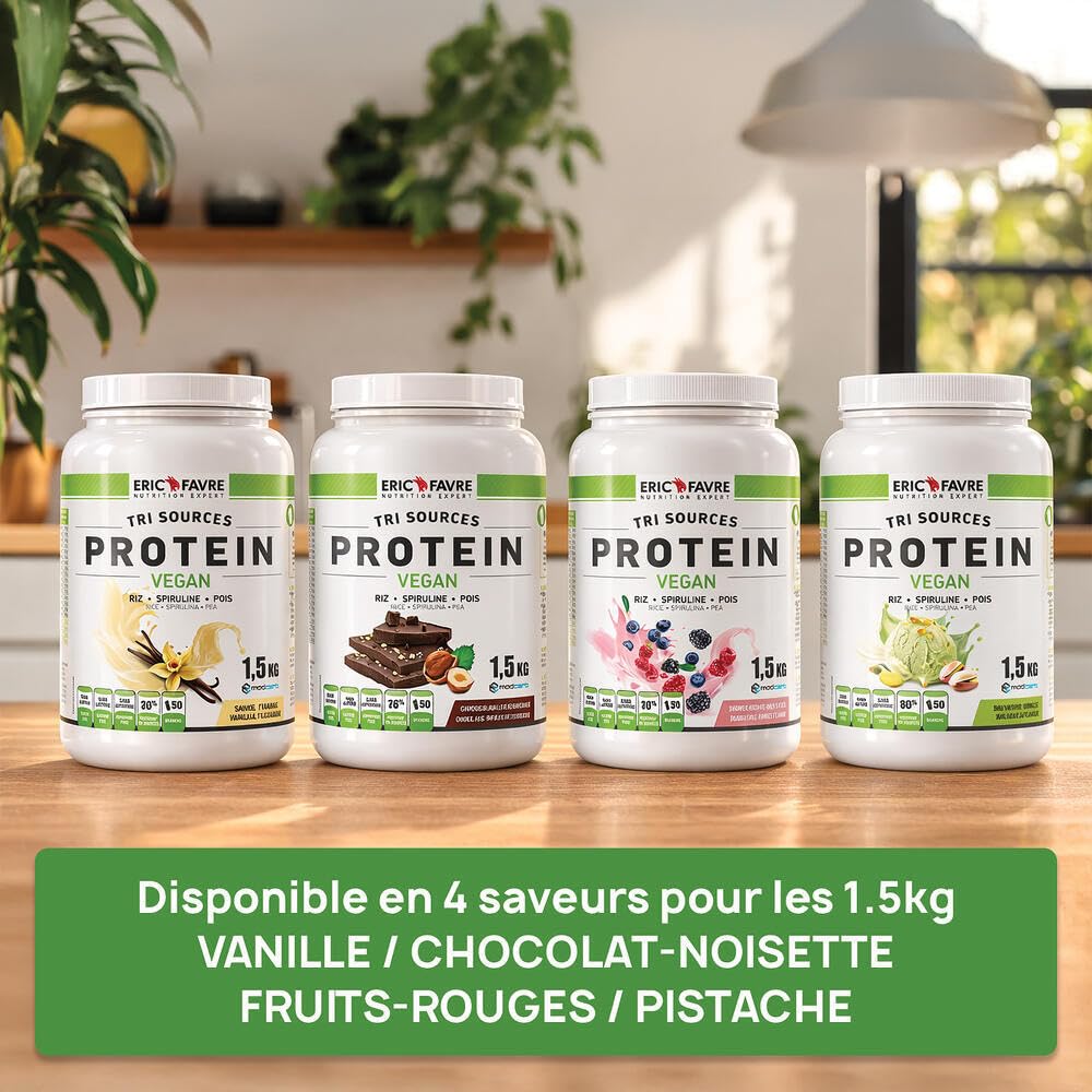 PROTEINES VEGAN TRI-SOURCE - Protéines Végétales Vegan Savoureuses Pour le Développement Musculaire - Riz Spiruline Pois - Assimilable Rapidement - 1,5kg - Saveur Vanille - Eric Favre