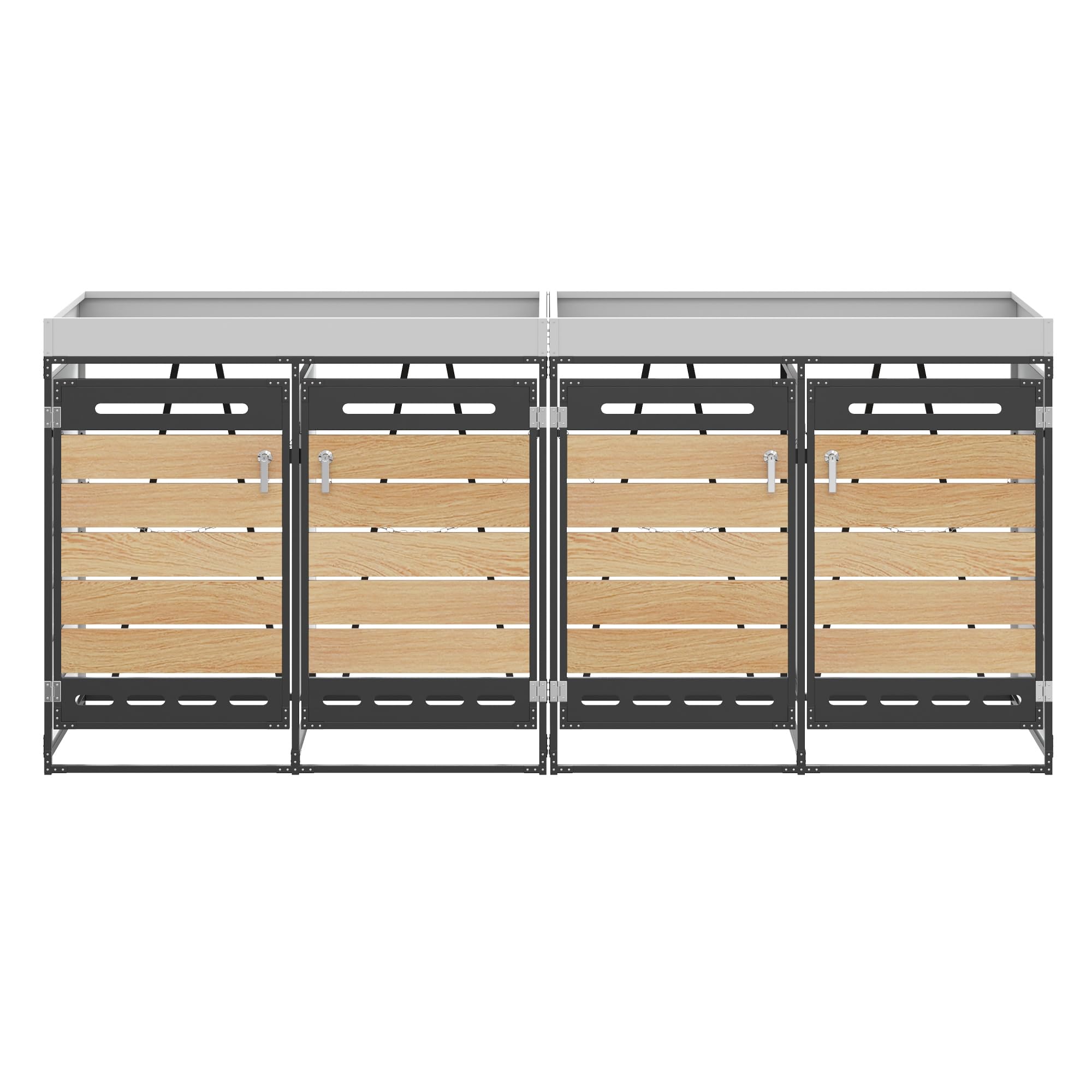Merax Caja de almacenamiento para cubos de basura de 4 puertas, con jardinera, armario de almacenamiento de hierro para jardín con ventilación de agujeros largos, revestimiento para cubos de basura