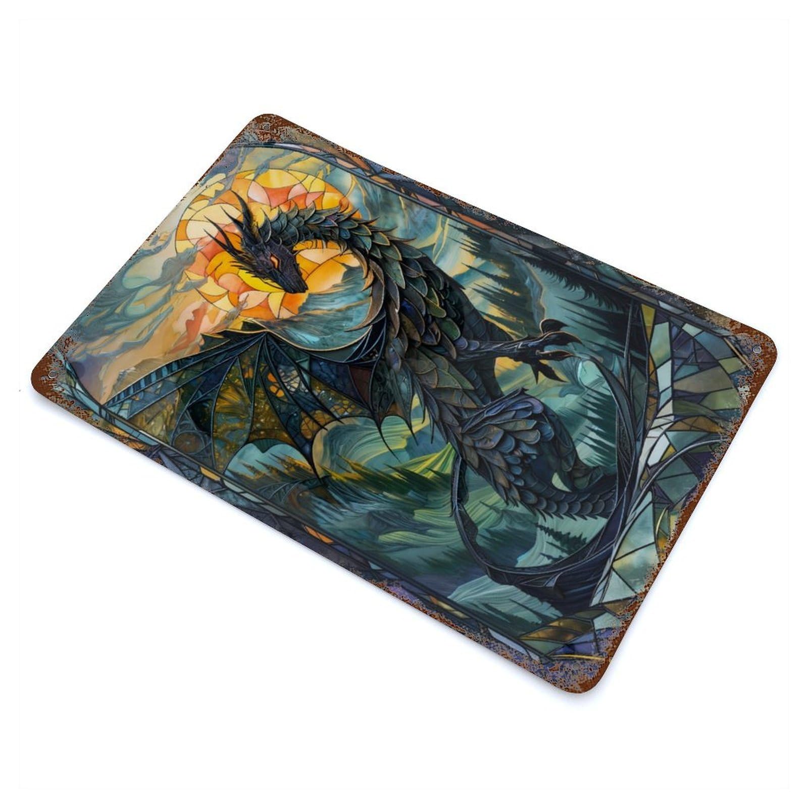 Garage Style Stained Glass Dragon Tail Rustic Tin Plaque 11.8"x7.9", Industrial Home Decor for Bar And Workshop