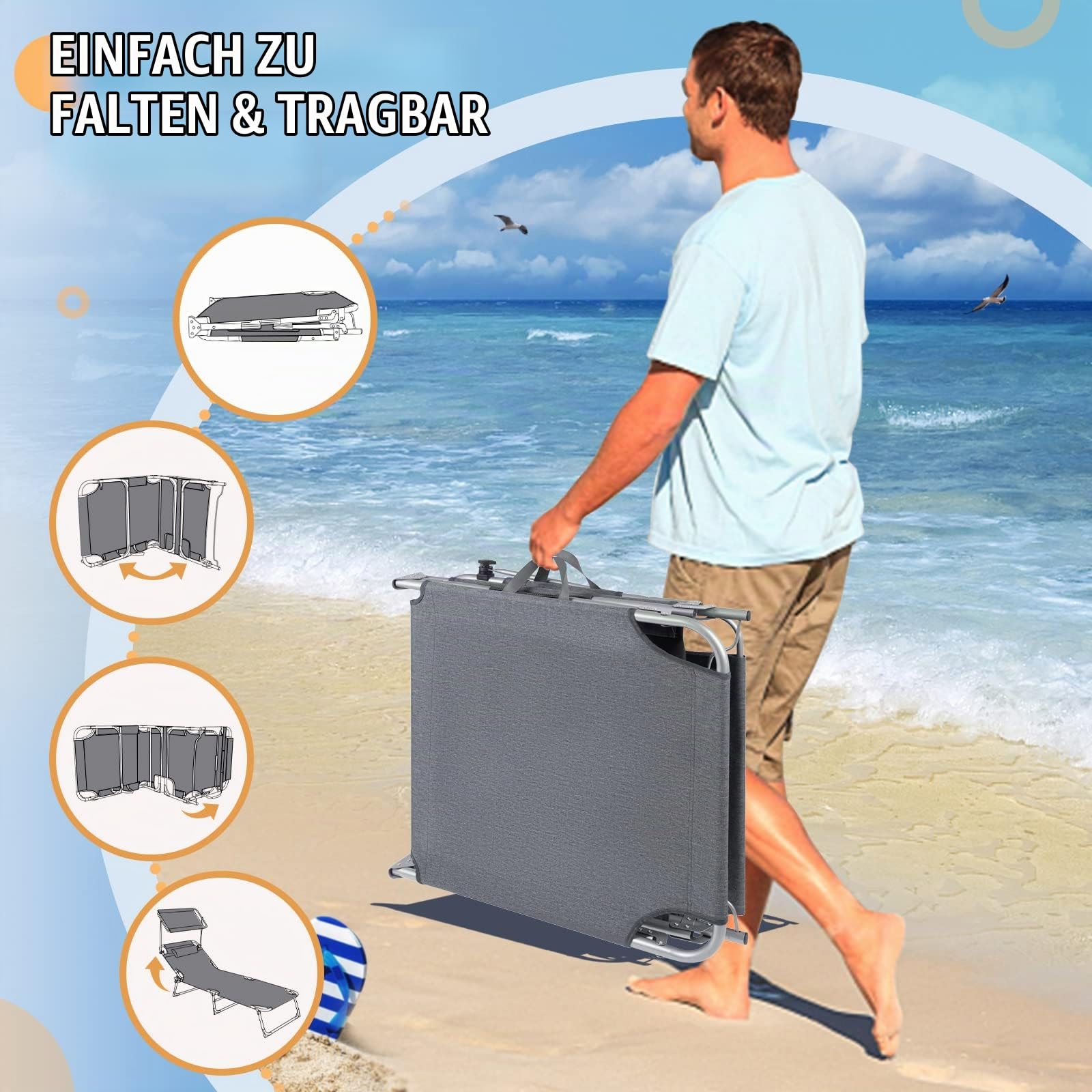 Soontrans Sonnenliege mit Dach, Gartenliege mit Kopfkissen & Tragegriffe & Seitentasche, Extra Breiter Liegefläche, Verstellbare Rückenlehne & Sonnenschutz, Sonnenliege klappbar für Strand (Anthrazit)