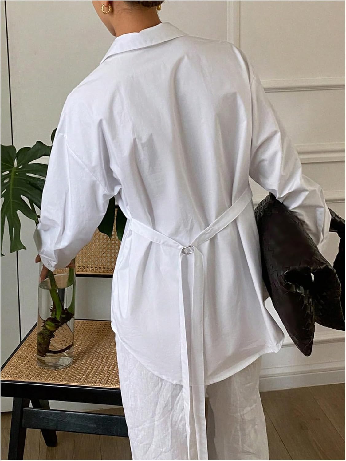 WDIRARA Women's Drawstring Front Collared V Neck Blouse Button Down Shirt Long Sleeve Dressy Tops - Image 3