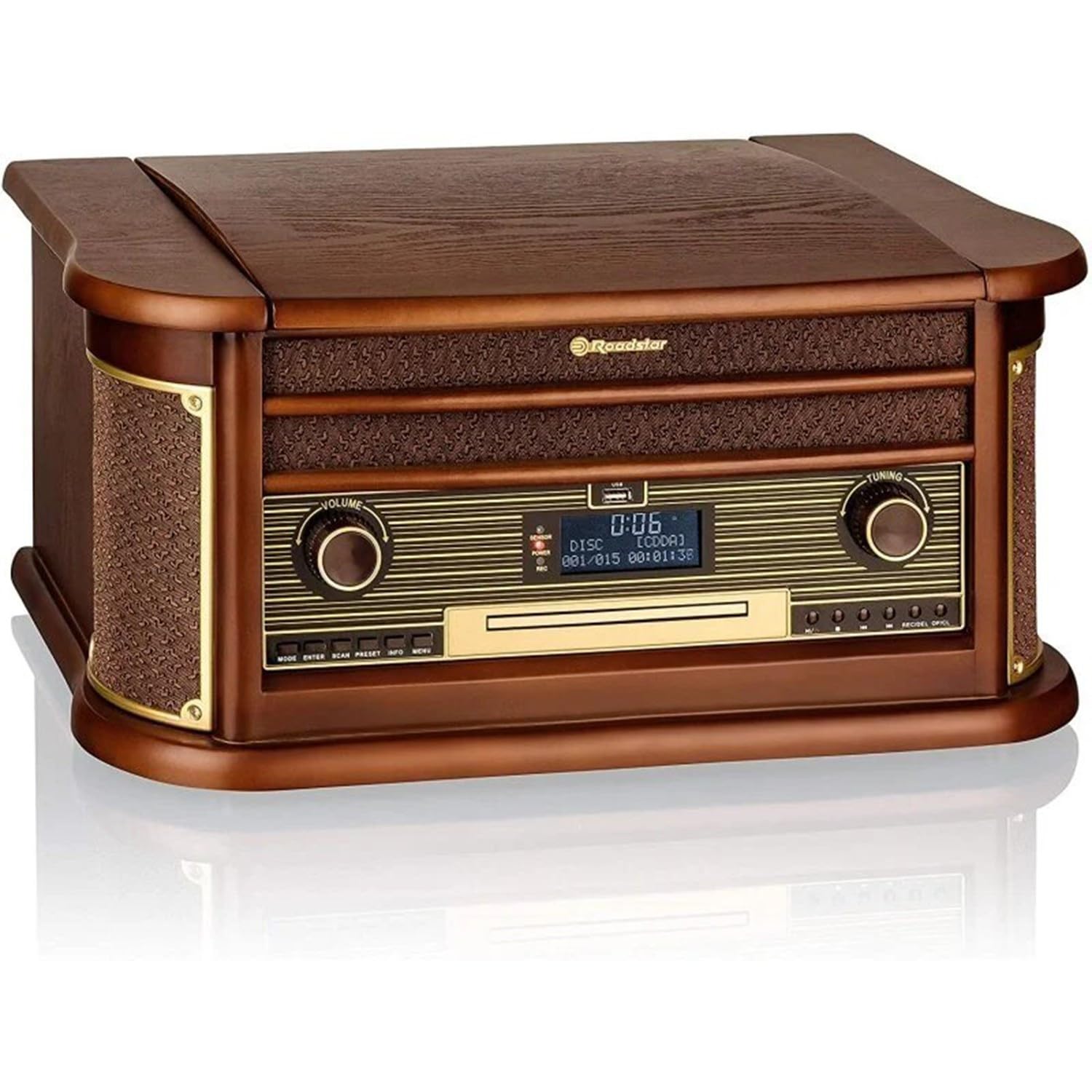 Tourne-Disque Roadstar HIF-1996D+BT - Platine Vinyl 33/45/78, Radio Dab+/FM, CD-MP3, Cassette, Bluetooth, USB, rétro Bois, LED