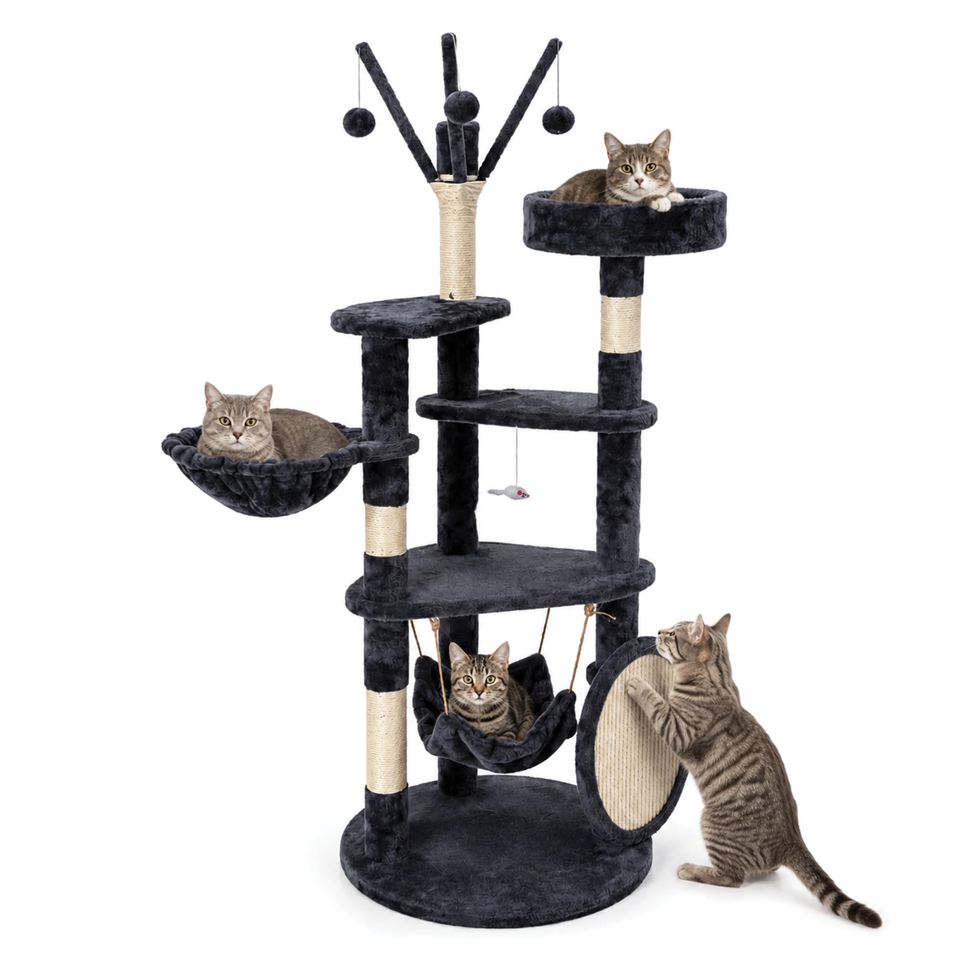 Dark Grey Multi Level Cat Tree Tower | 143cm Indoor Cat Activity Center with Hammock, Scratching Posts, Hanging Toys | Round Scratch Board and Cozy Lounger for Kittens and Adult Cats