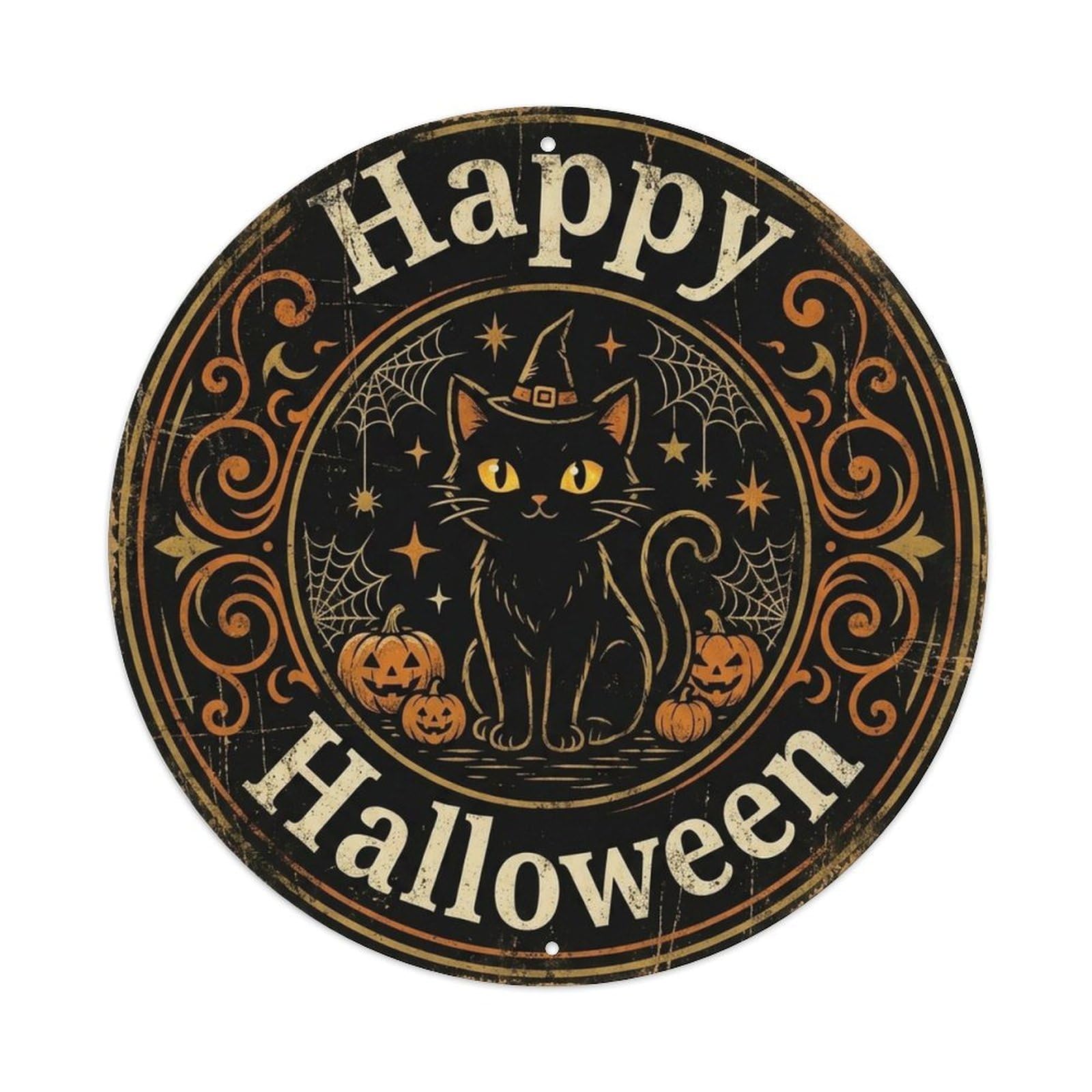 Black Cat Witch Hat Happy Halloween Positive Saying Metal Tin Sign