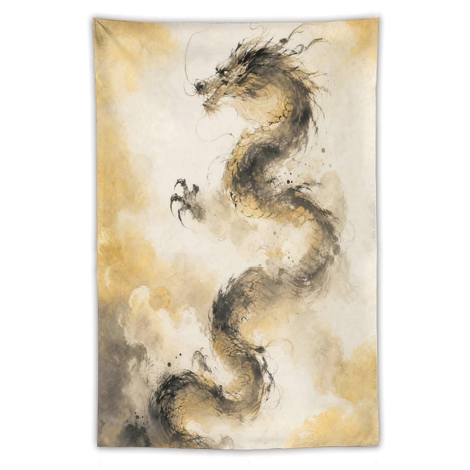W7C8U2X3 Ink Dragon with Small Bird Wall Tapestry, Asian Ink, Asian Brush