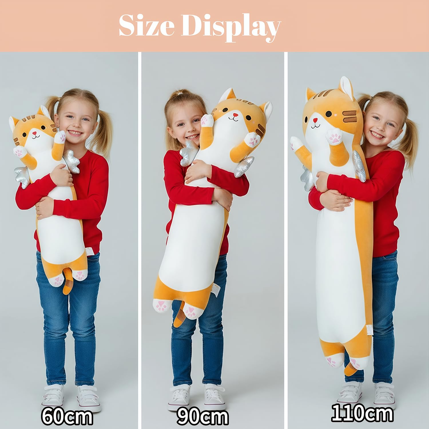 Animali di peluche, cuscino lungo, XXL, con ali e gatti, morbido gatto Kawaii, grande peluche per bambini e adulti (giallo, 110 cm