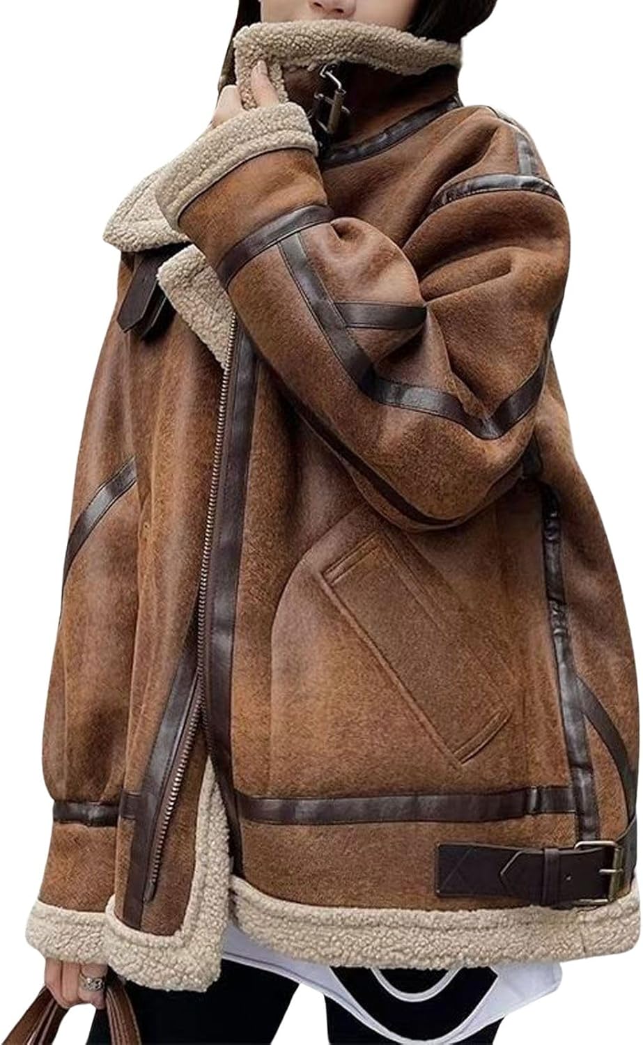 loveimgs Women Oversized Faux Suede Moto Jacket Sherpa Fleece Lined Leather Jacket Aviator Shearling Fur Coat Overcoat