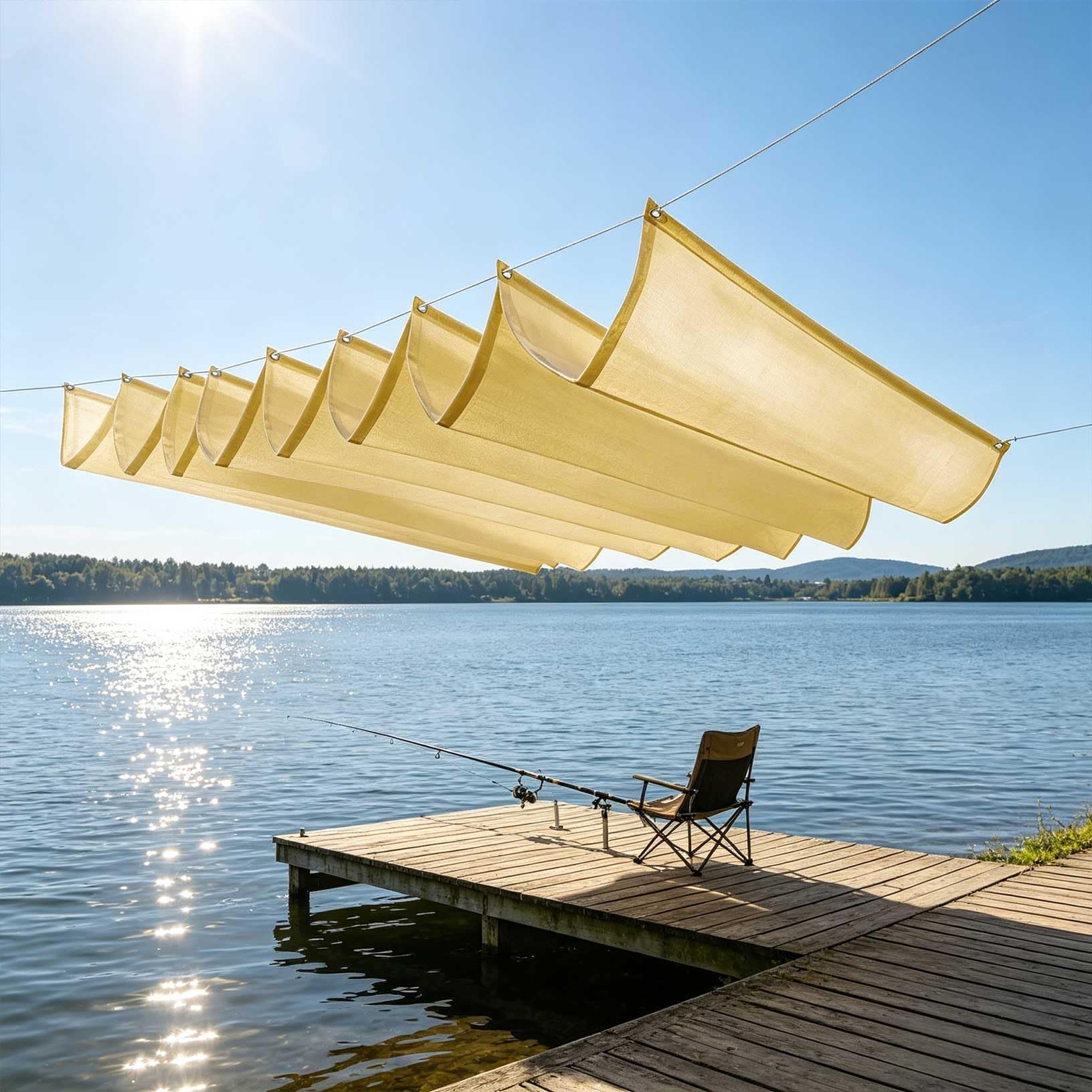 Sonnensegel Einziehbares mit Ösen 145 x 350 cm Sonnenschutz Wasserdicht Verstellbar Welle Markisenstoff Inkl. Befestigungsseilen für Balkon Terrasse Garten Pool Camping, Sandgelb