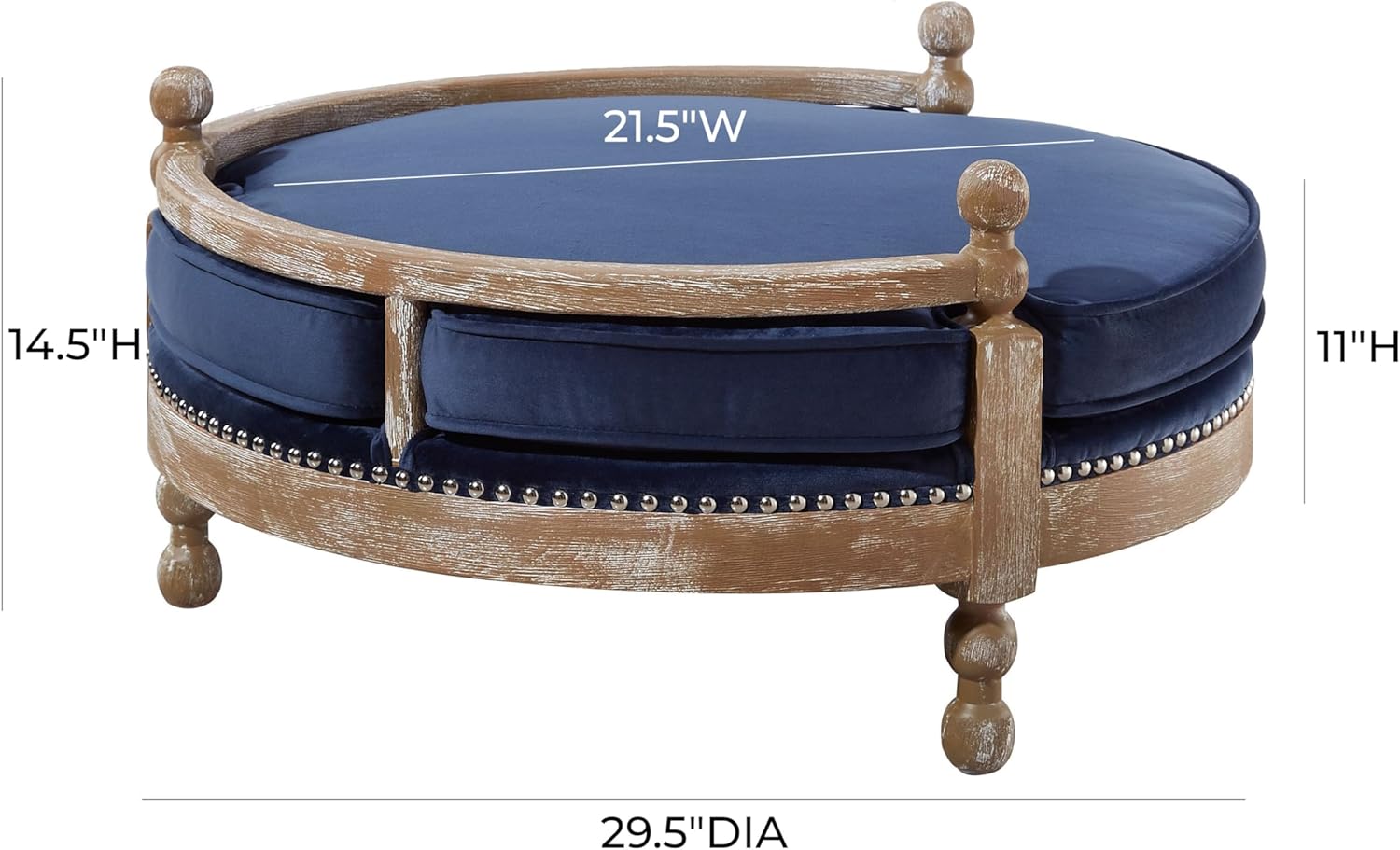 TOV Furniture The Hound Collection Handmade Solid Weathered Oak Frame Pet Dog Bed with Removable Waterproof Velvet Cushion, Navy