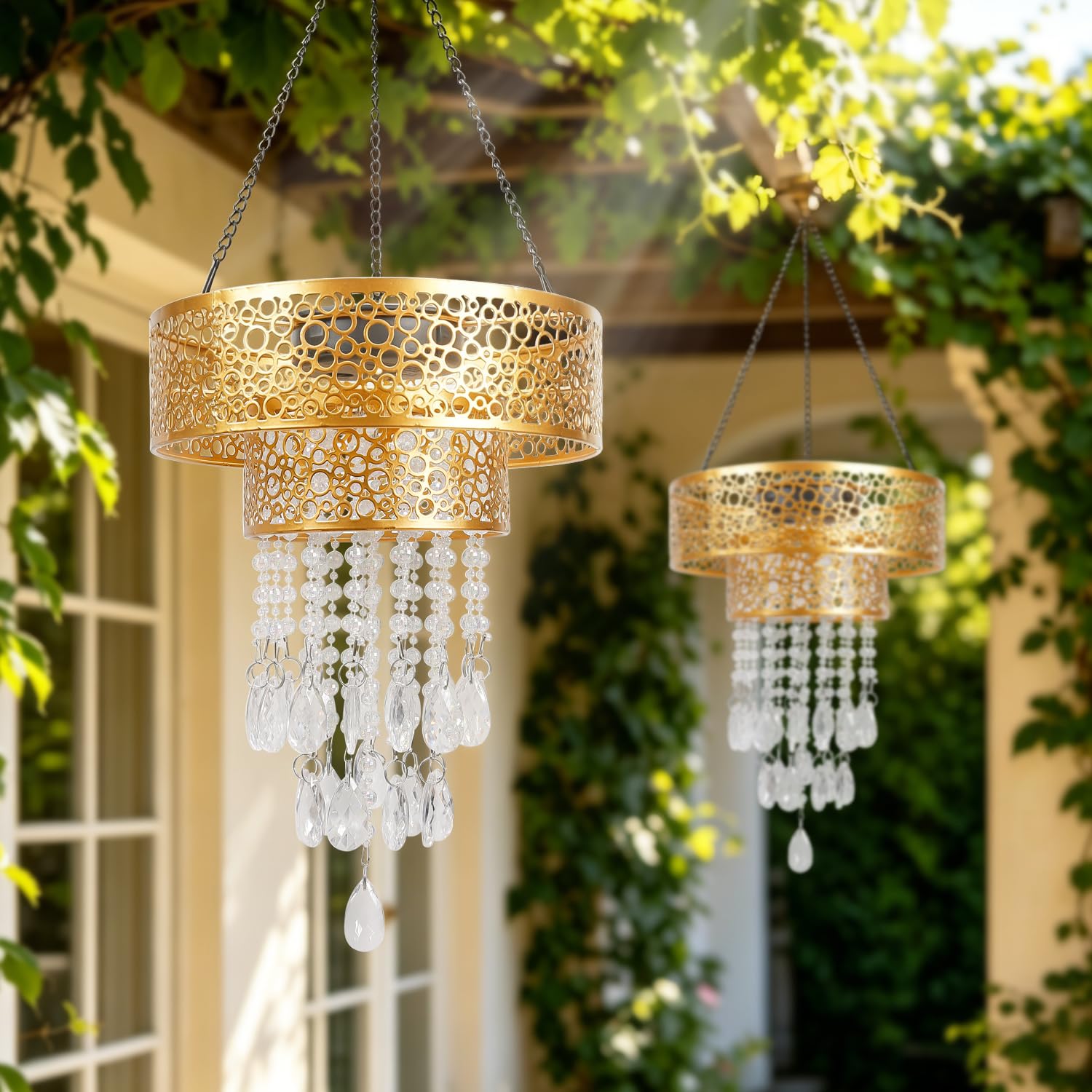 Solarlampen für Außen Solar Hängeampel mit Kristallperlen Gold Solar Laterne Garten Terrasse Balkon Outdoor Deko