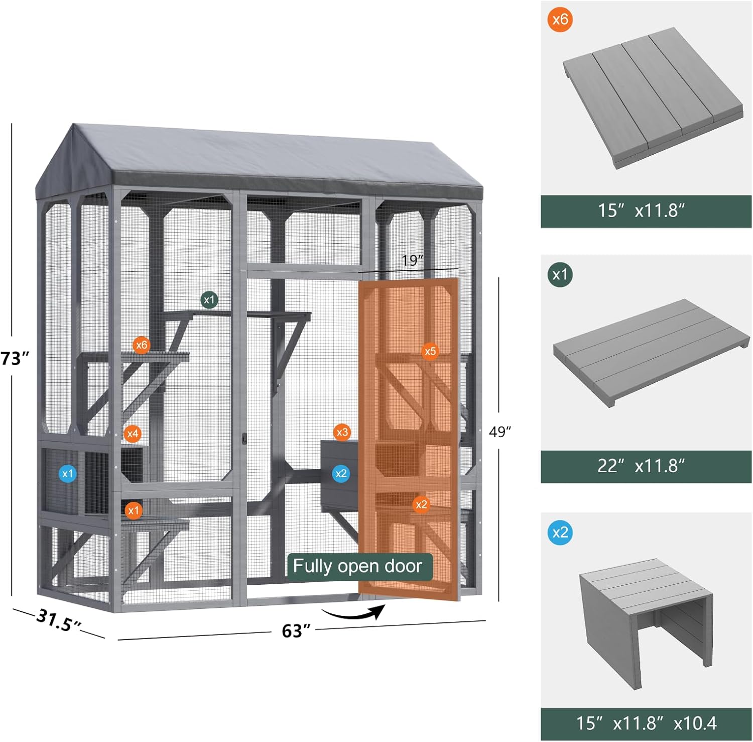 Catio Outdoor Cat Enclosure, Large Cat House for Mulitiple Cats Walk in Cat Cage with Waterproof Cover and Sunshine Panel Roof, Feral Cat Shelter with 7 Platforms and 2 Resting Box, 72 inch