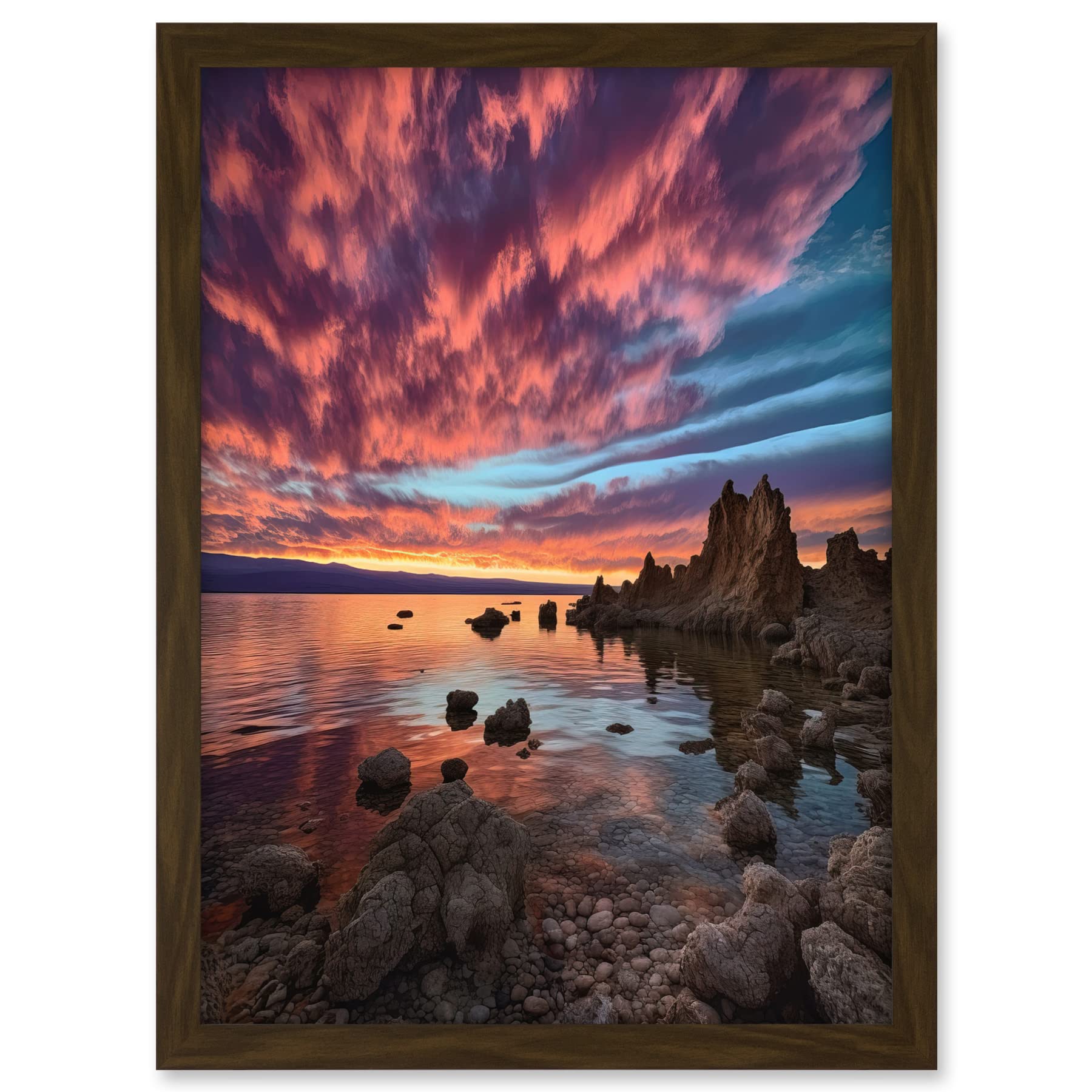 Artery8 Atmospheric Sunset Clouds Over Mono Lake Lakeside Landscape Modern Watercolour Painting Artwork Framed A3 Wall Art Print