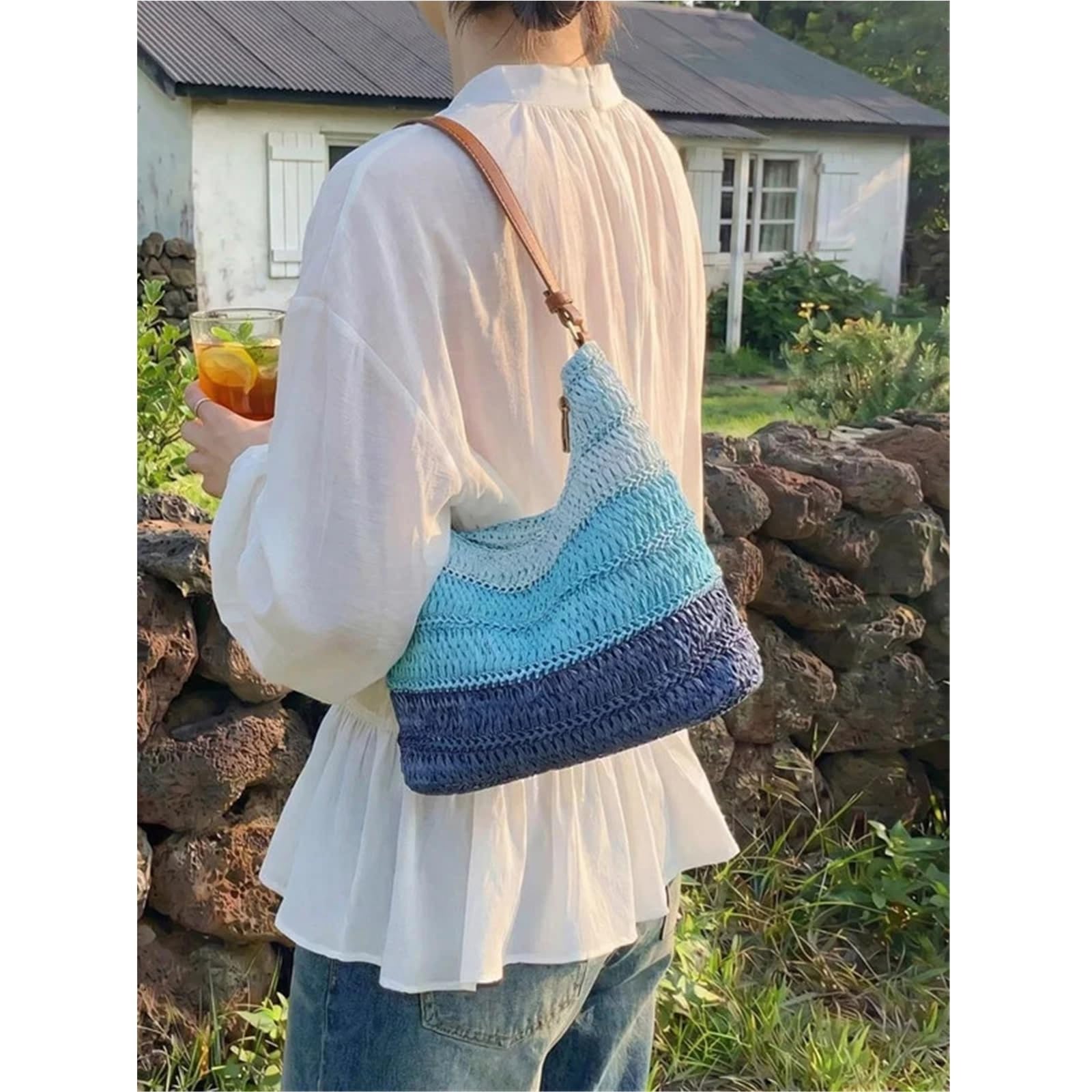 Bolso de Mano Tejido Calado Bolso de hombro tejido rafia a rayas degradadas, bolso Hobo informal verano for playa for mujer